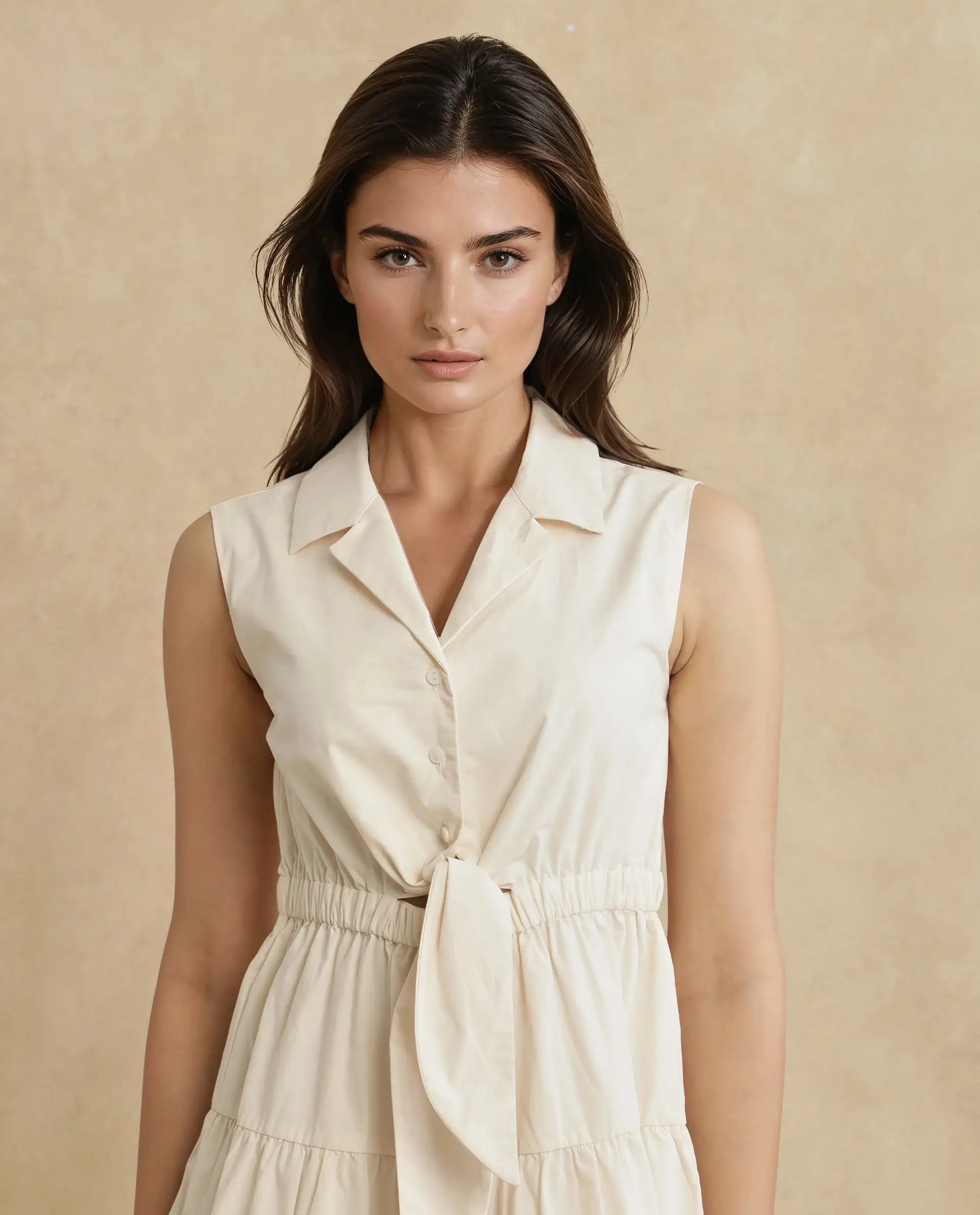 Rareism Women Somaka Beige Cotton Fabric Sleeveless Collared Neck Button Closure Fit And Flare Mini Plain Dress