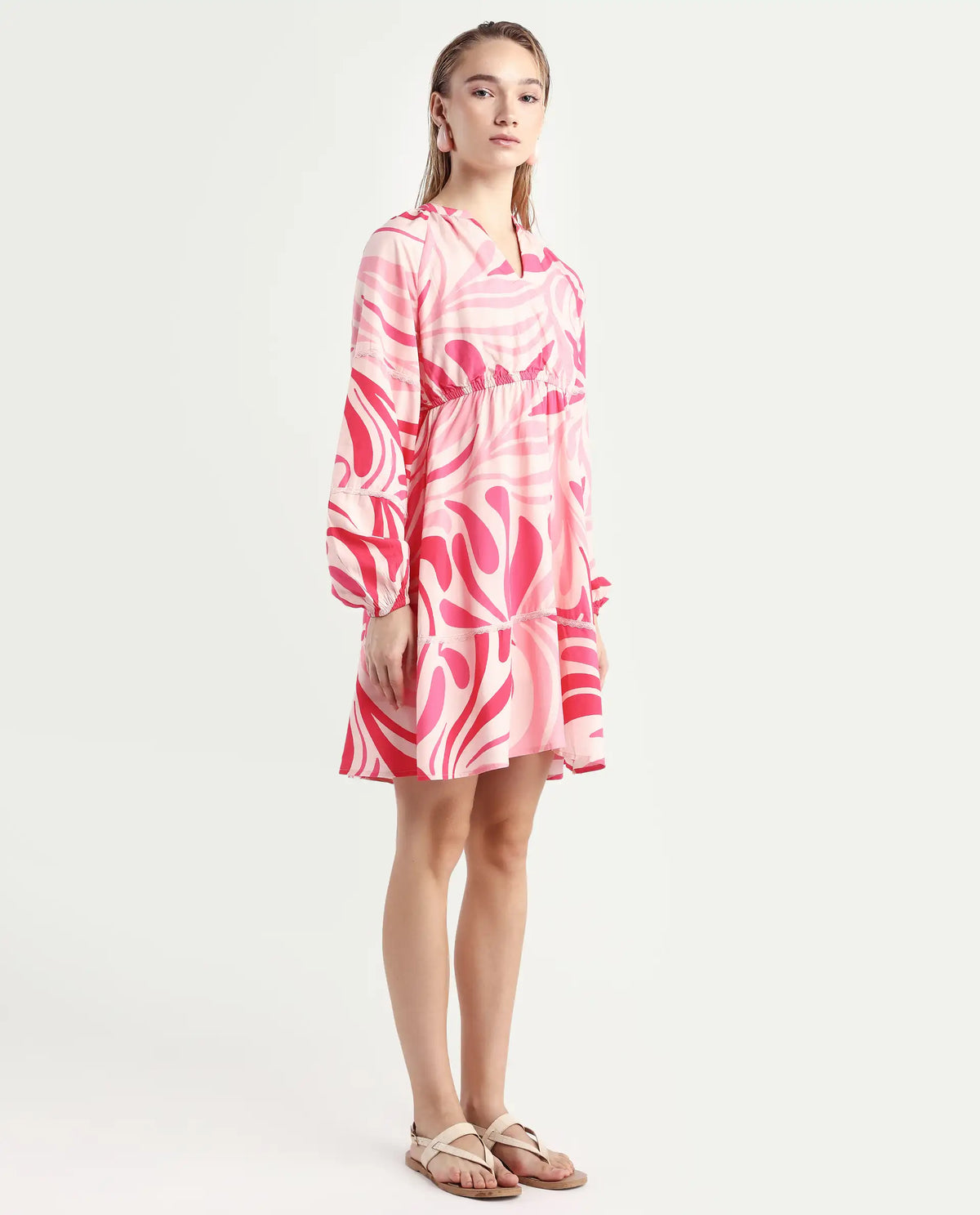 Rareism Women's Somalin Multi Viscose Mandarin Collar Abstract Print Raglan Sleeve Mini Fit And Flare Dress