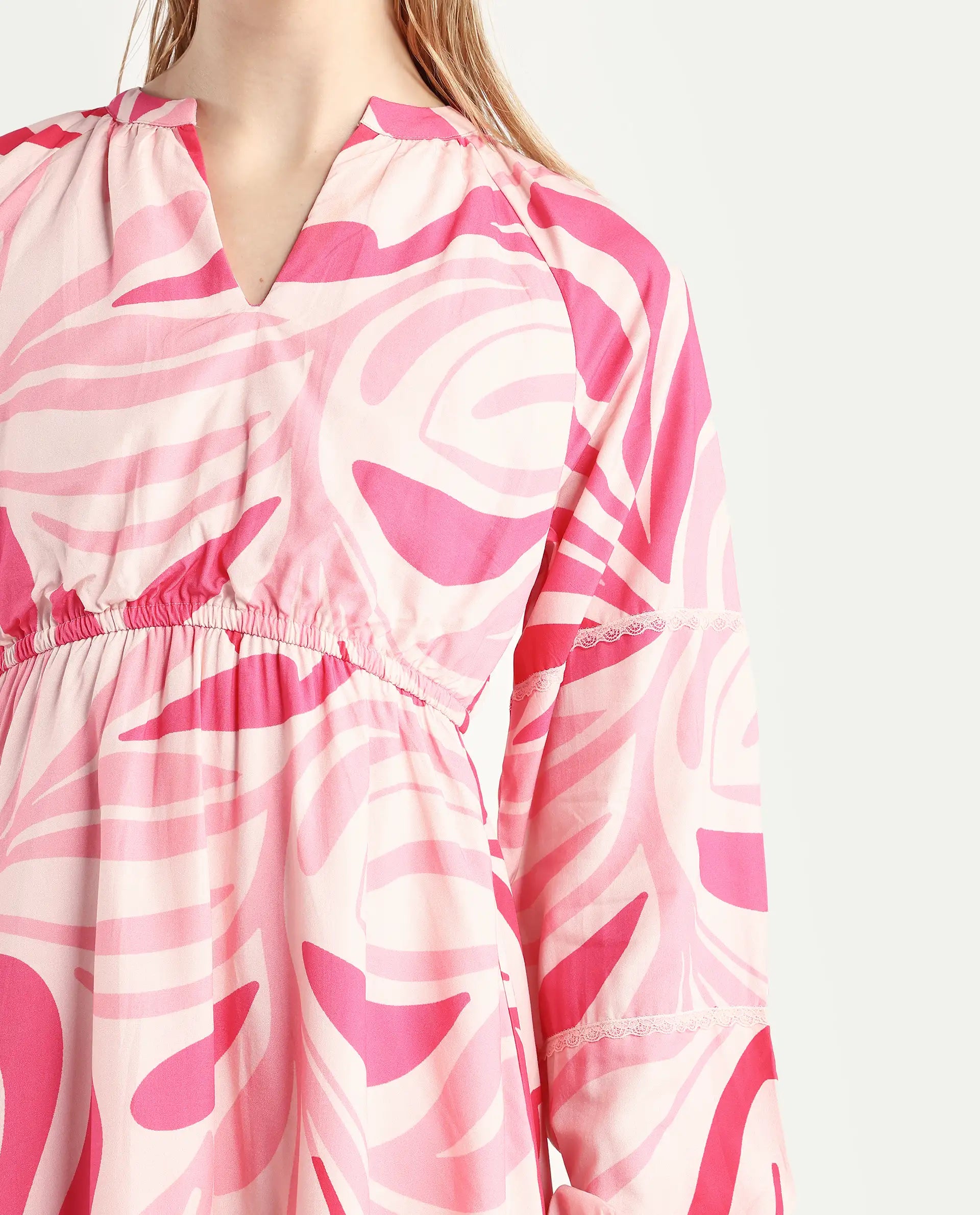 Rareism Women's Somalin Multi Viscose Mandarin Collar Abstract Print Raglan Sleeve Mini Fit And Flare Dress