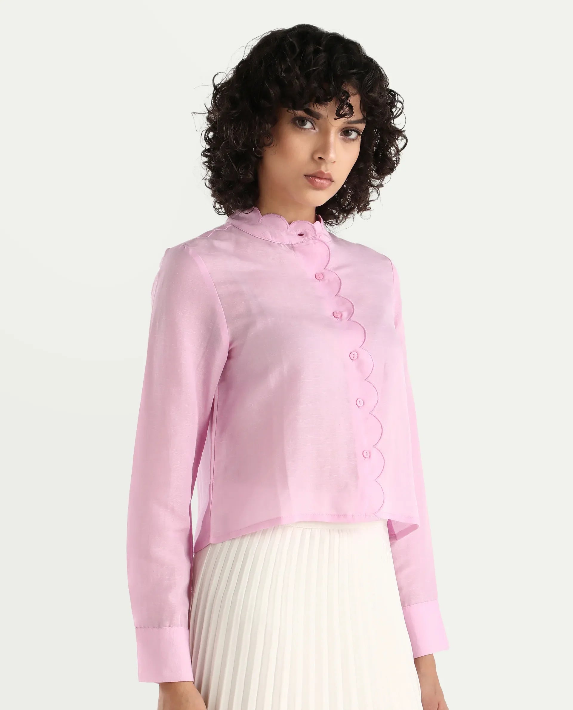 Rareism Women's Soman Light Pink Modal Blend Mandarin Collar Plain Cuffed Sleeve Crop Regular Fit Shirt