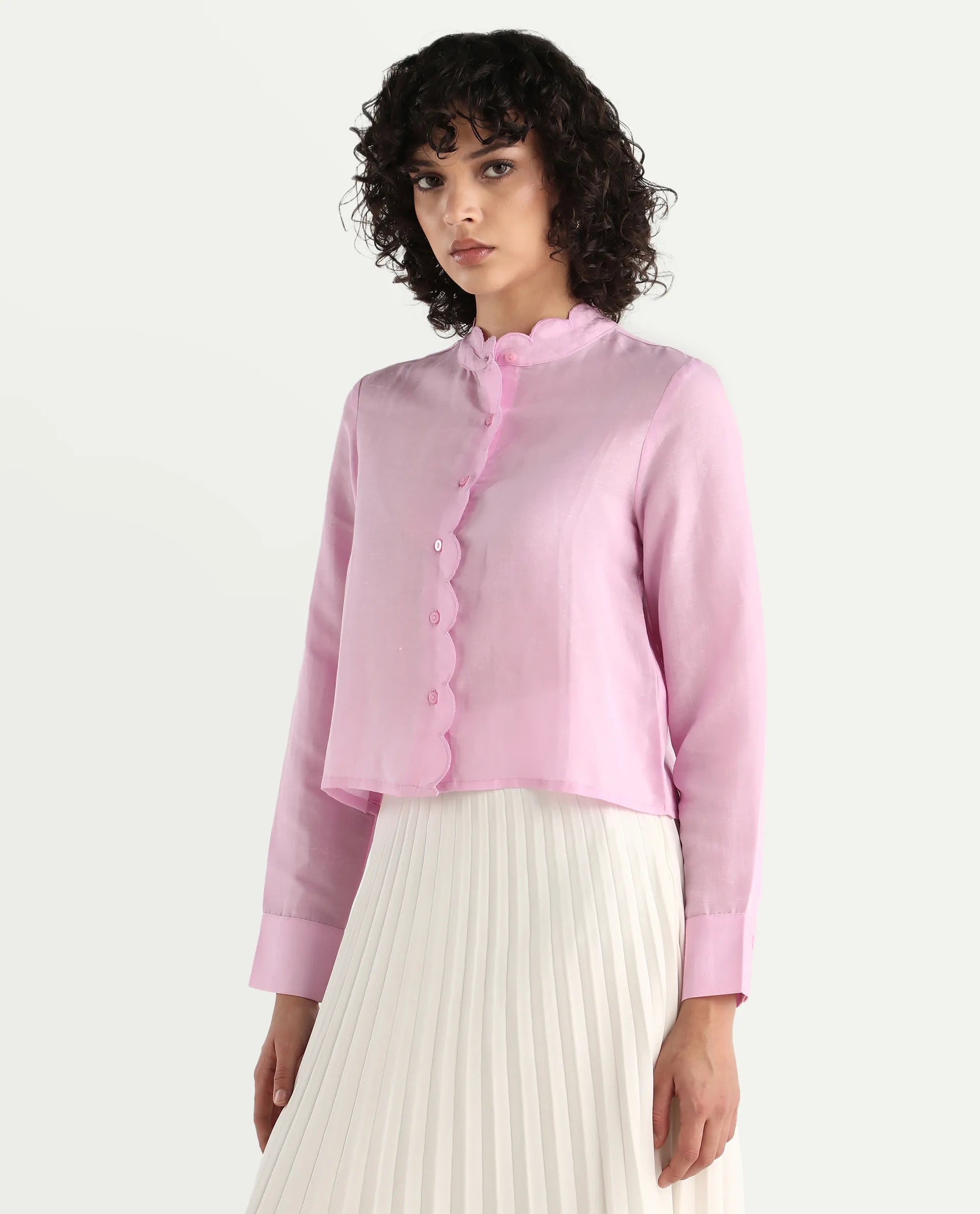 Rareism Women's Soman Light Pink Modal Blend Mandarin Collar Plain Cuffed Sleeve Crop Regular Fit Shirt