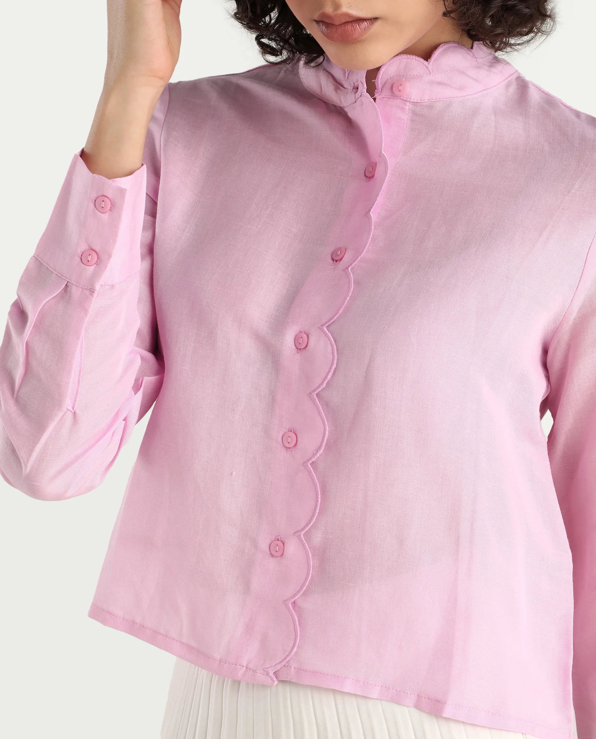 Rareism Women's Soman Light Pink Modal Blend Mandarin Collar Plain Cuffed Sleeve Crop Regular Fit Shirt