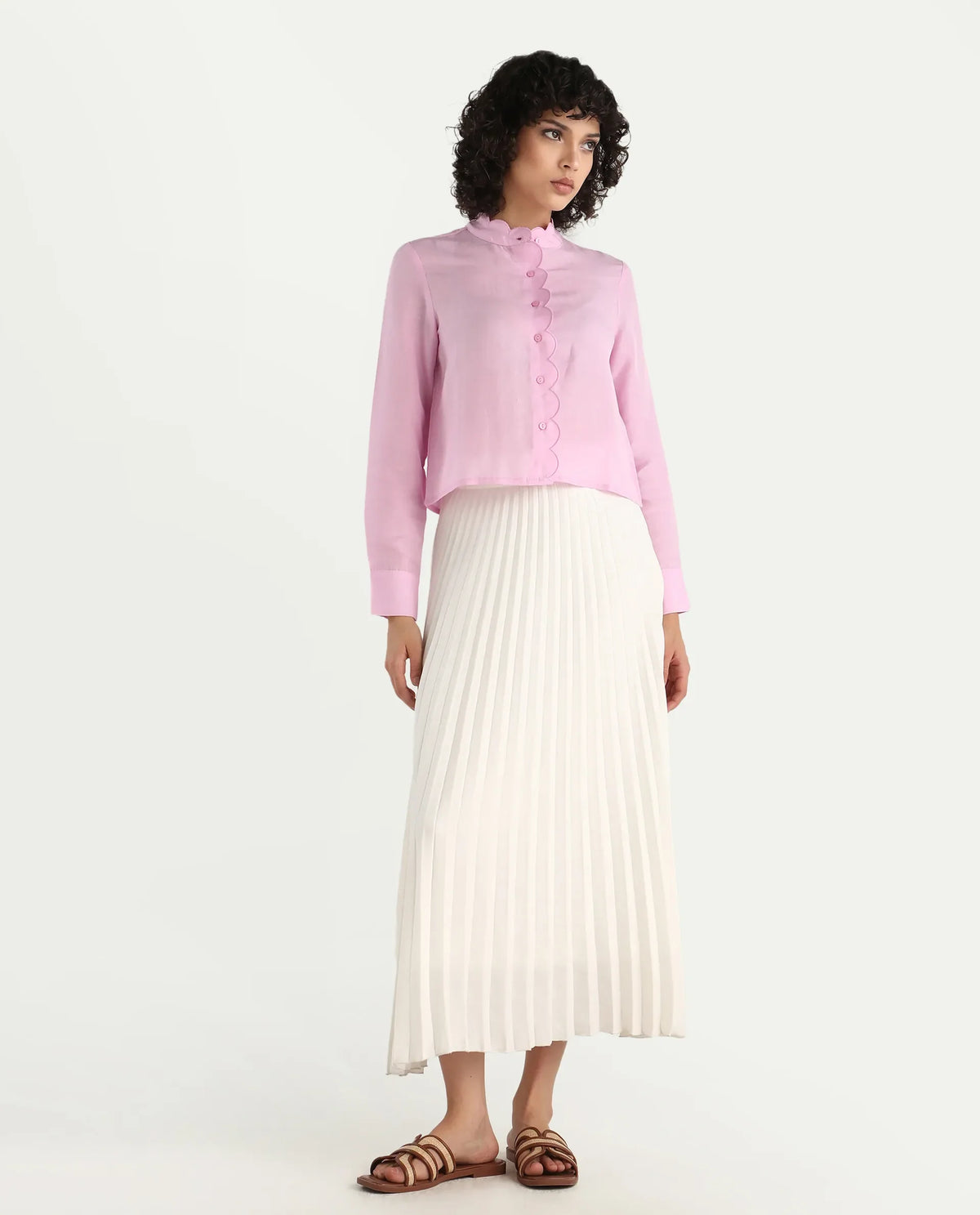 Rareism Women's Soman Light Pink Modal Blend Mandarin Collar Plain Cuffed Sleeve Crop Regular Fit Shirt