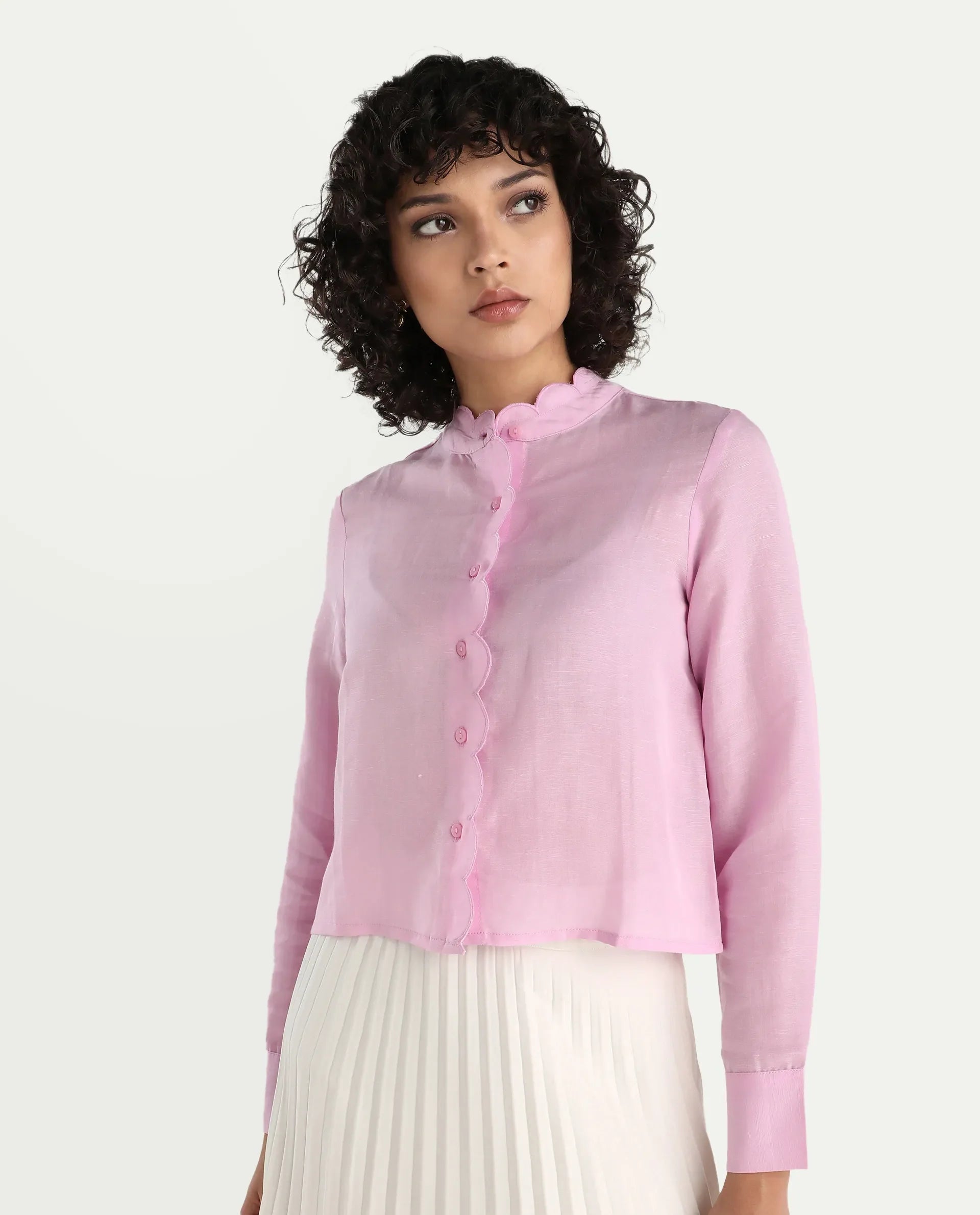 Rareism Women's Soman Light Pink Modal Blend Mandarin Collar Plain Cuffed Sleeve Crop Regular Fit Shirt