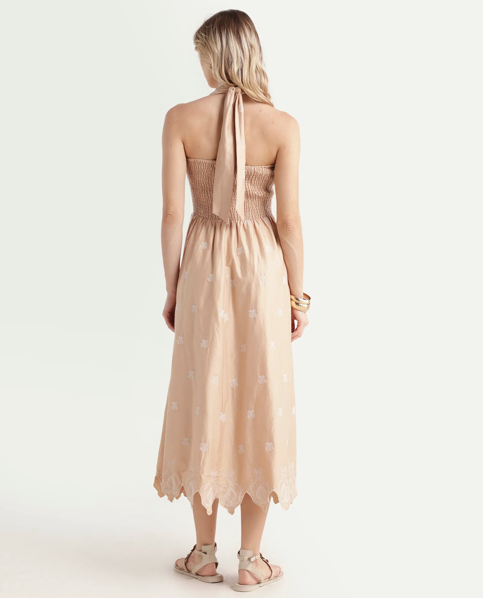 Rareism Women's Somaxa Beige Cotton Halter Neck Plain Sleeveless Midi A-Line Dress