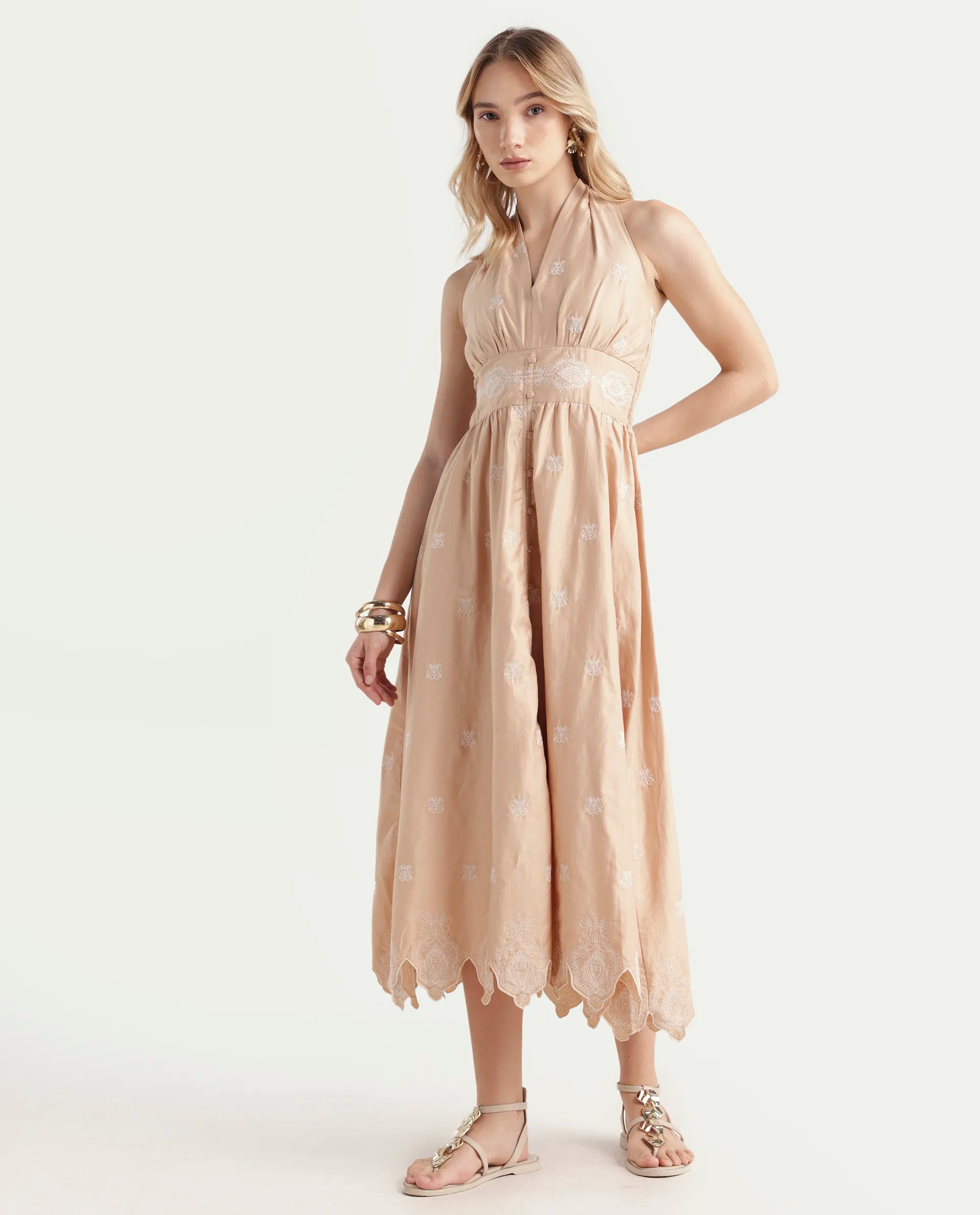 Rareism Women's Somaxa Beige Cotton Halter Neck Plain Sleeveless Midi A-Line Dress