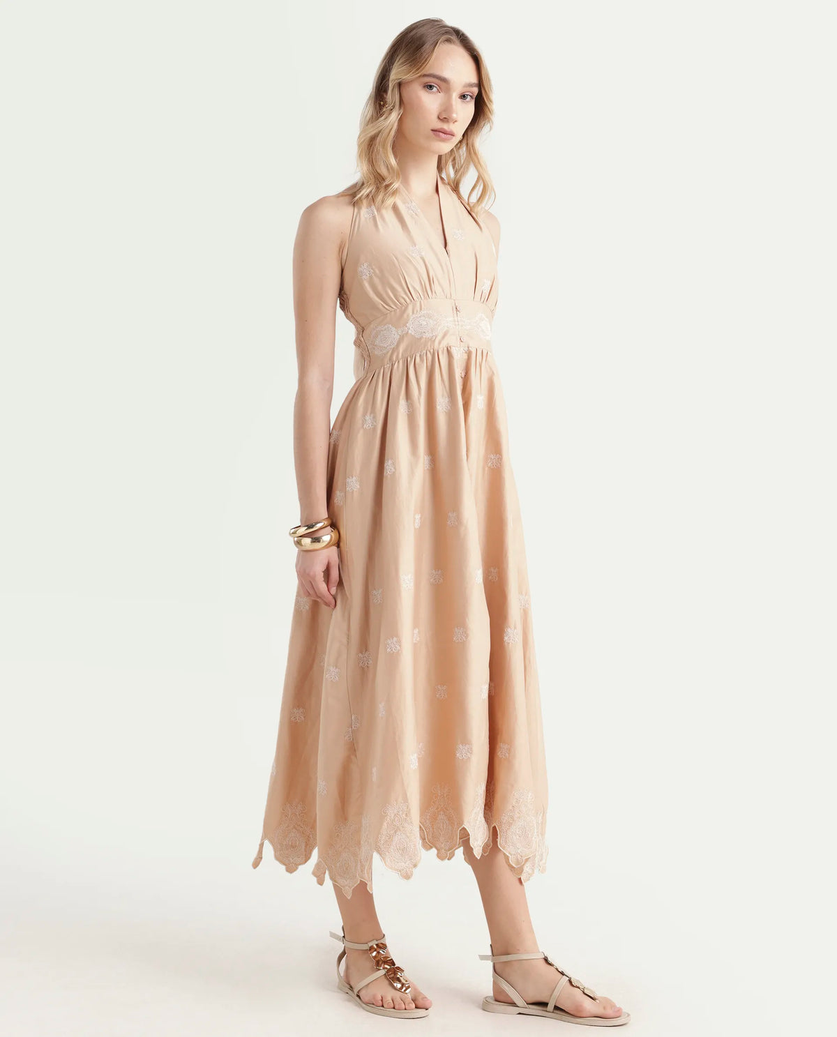 Rareism Women's Somaxa Beige Cotton Halter Neck Plain Sleeveless Midi A-Line Dress