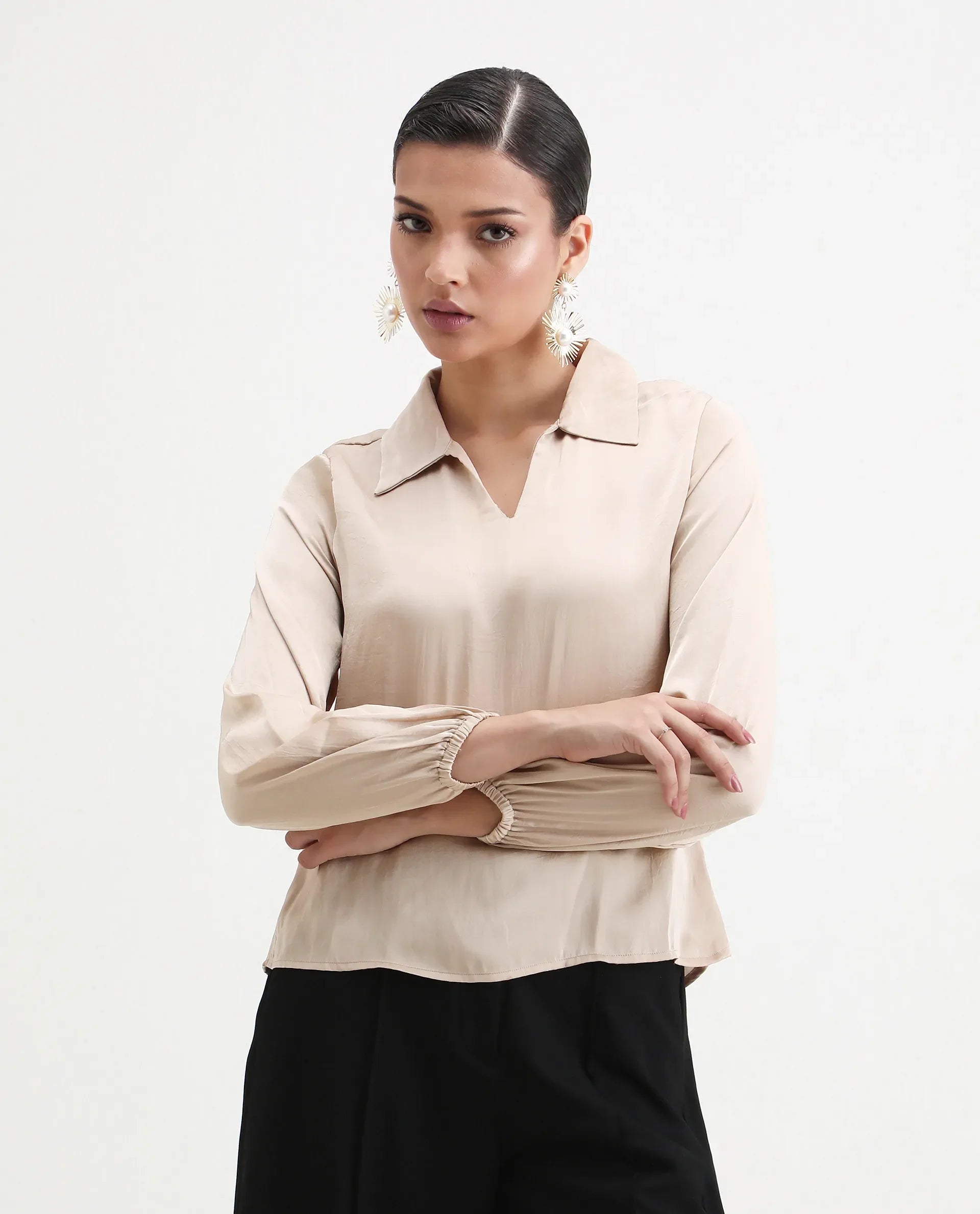 Rareism Women's Somaxar Beige Polyester V-Neck Plain Bishop Sleeve Regular Fit Top