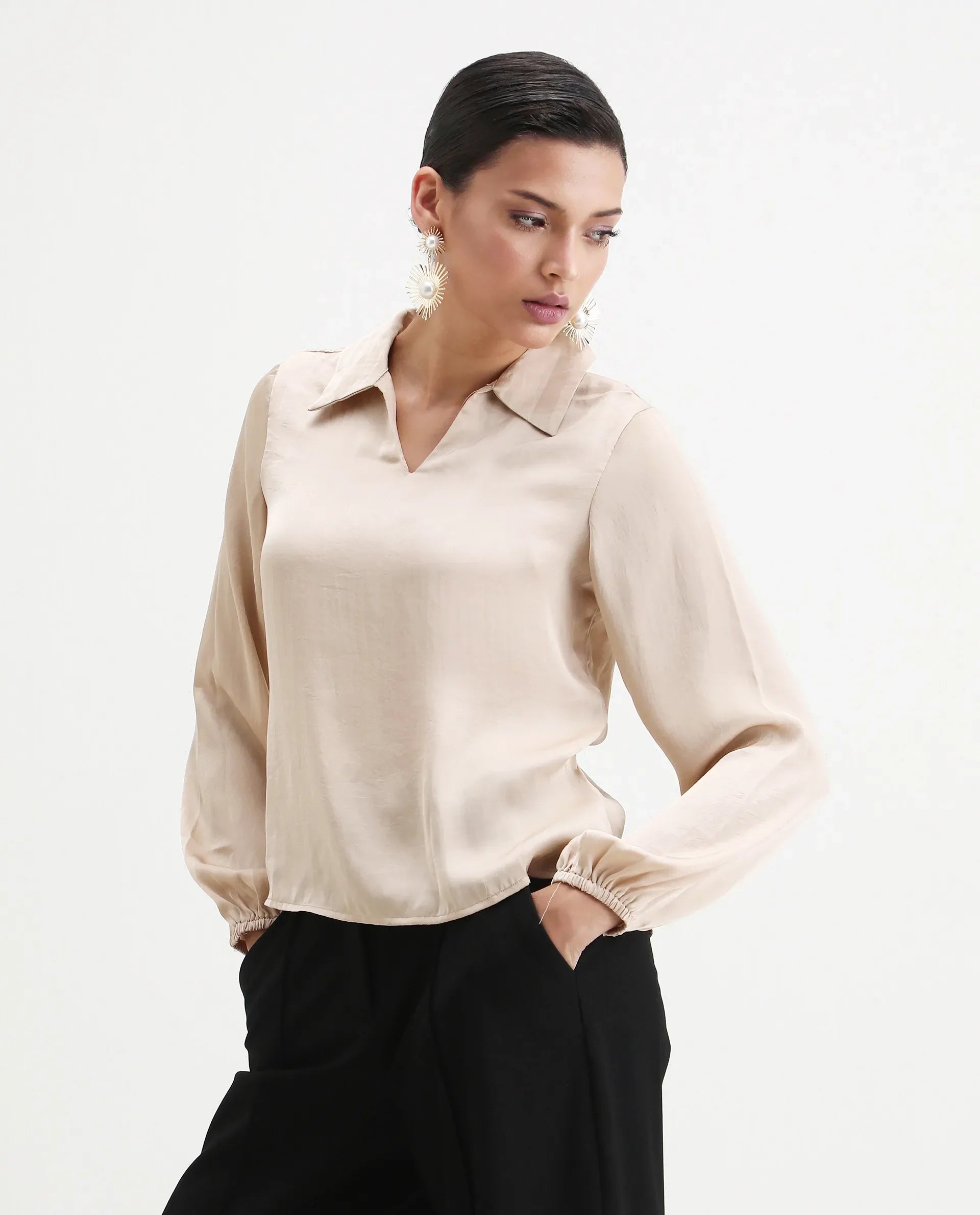 Rareism Women's Somaxar Beige Polyester V-Neck Plain Bishop Sleeve Regular Fit Top