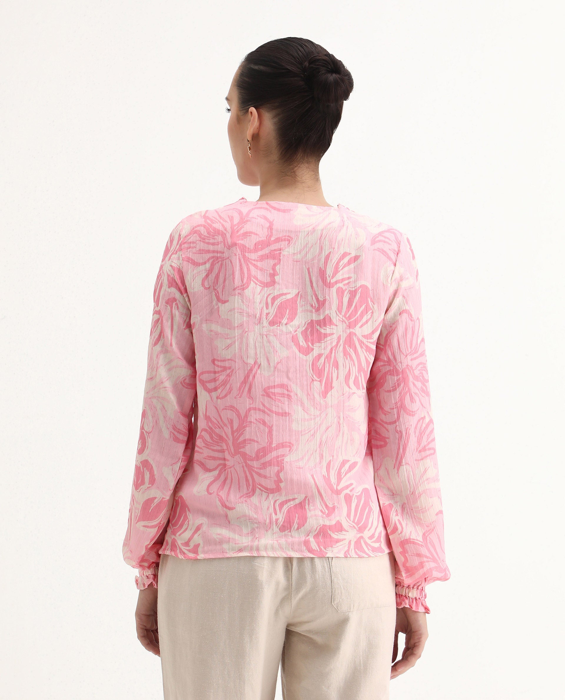 Rareism Women's Sombo Pink Polyester V-Neck Floral Print Bishop Sleeve Regular Fit Top