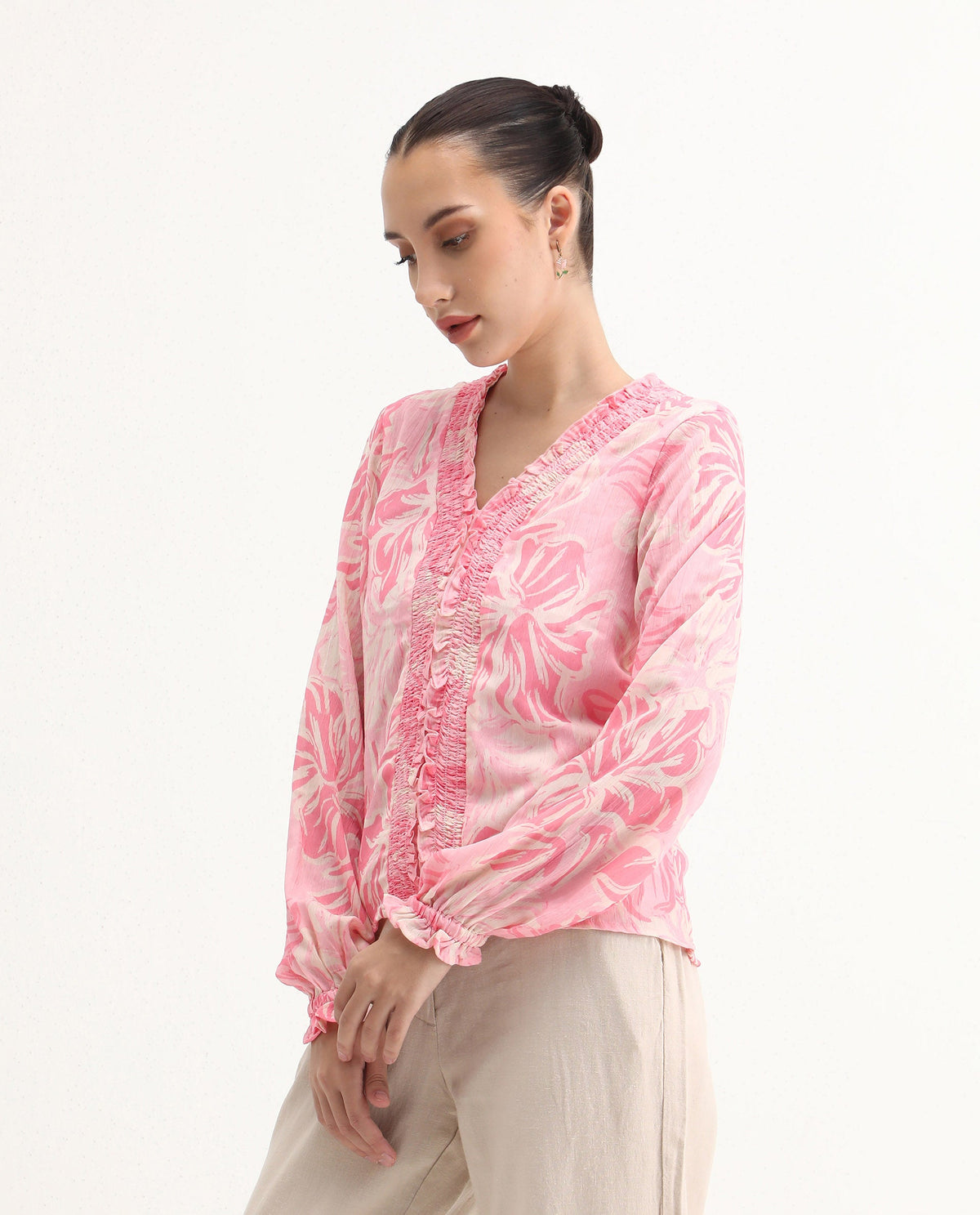 Rareism Women's Sombo Pink Polyester V-Neck Floral Print Bishop Sleeve Regular Fit Top