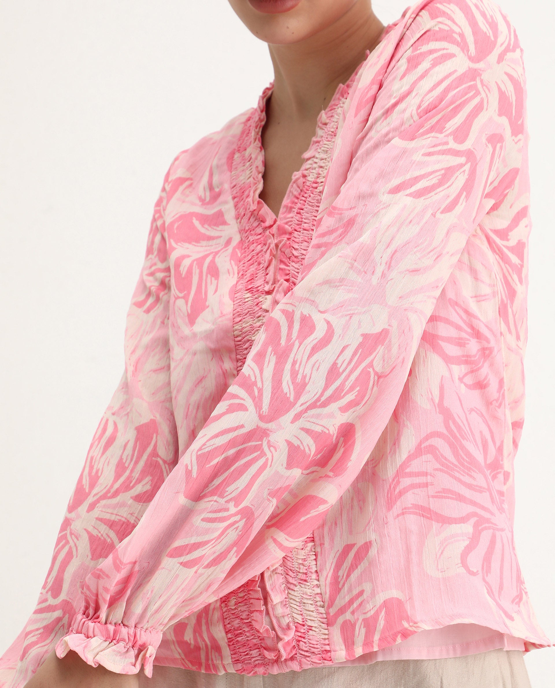 Rareism Women's Sombo Pink Polyester V-Neck Floral Print Bishop Sleeve Regular Fit Top