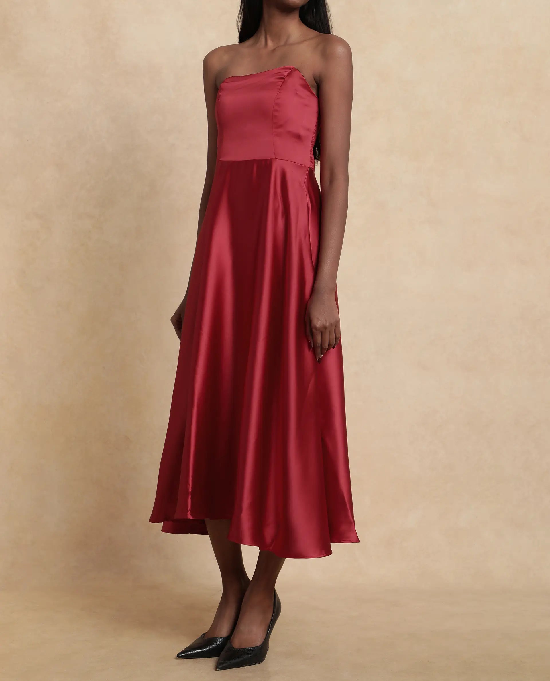 Rareism Women Somfar Red Polyester Fabric Sleeveless Sweet Heart Collar Flared Midi Plain Dress