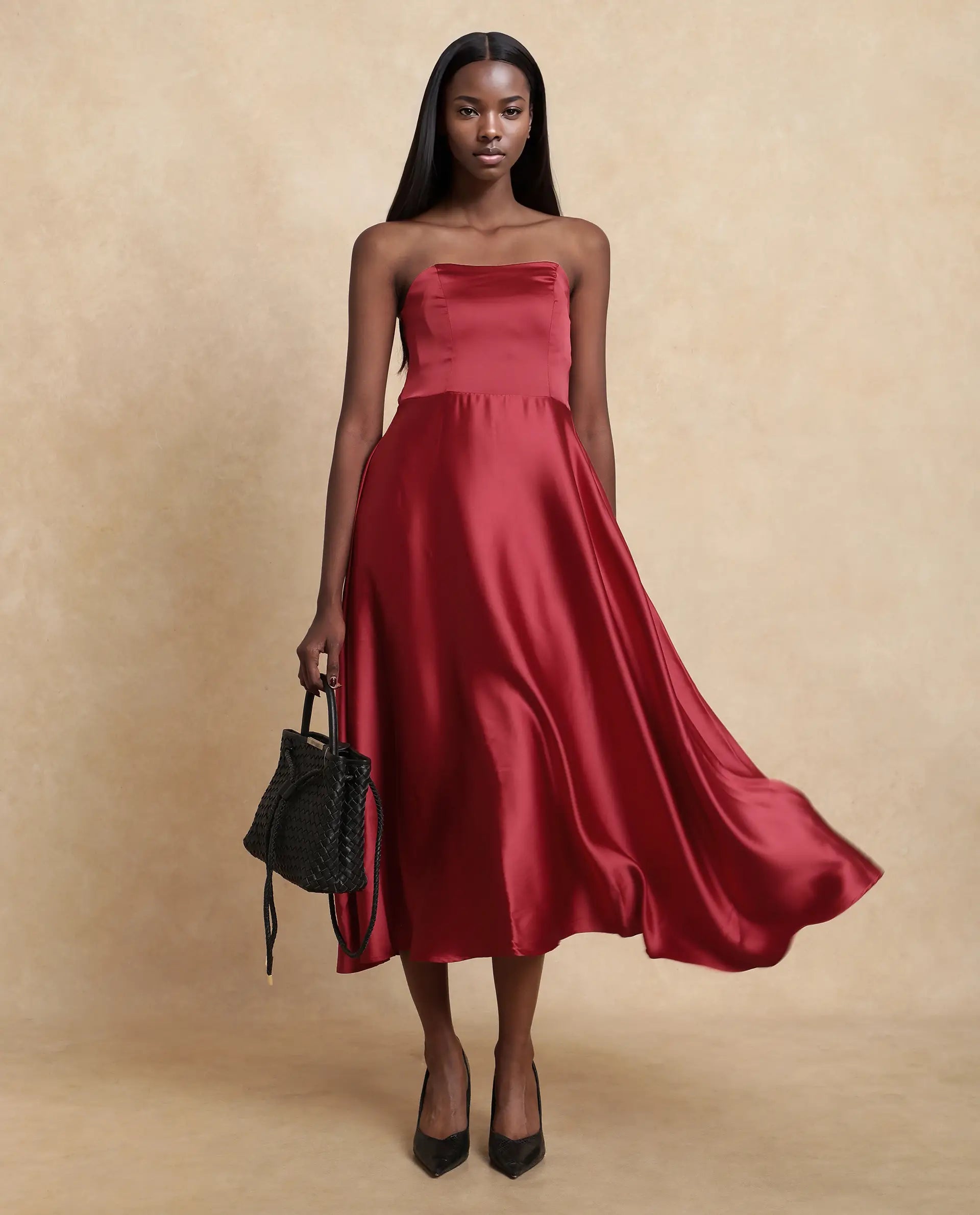 Rareism Women Somfar Red Polyester Fabric Sleeveless Sweet Heart Collar Flared Midi Plain Dress