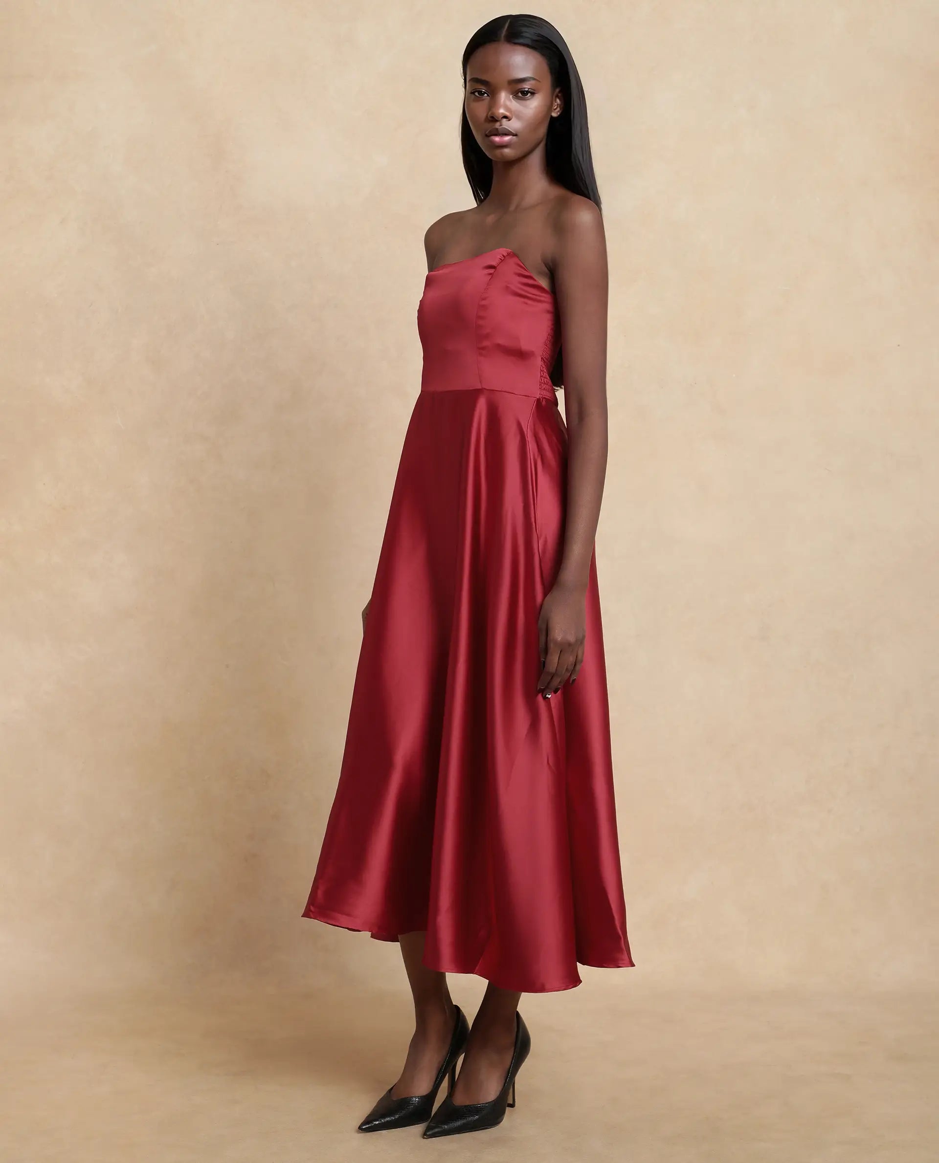 Rareism Women Somfar Red Polyester Fabric Sleeveless Sweet Heart Collar Flared Midi Plain Dress