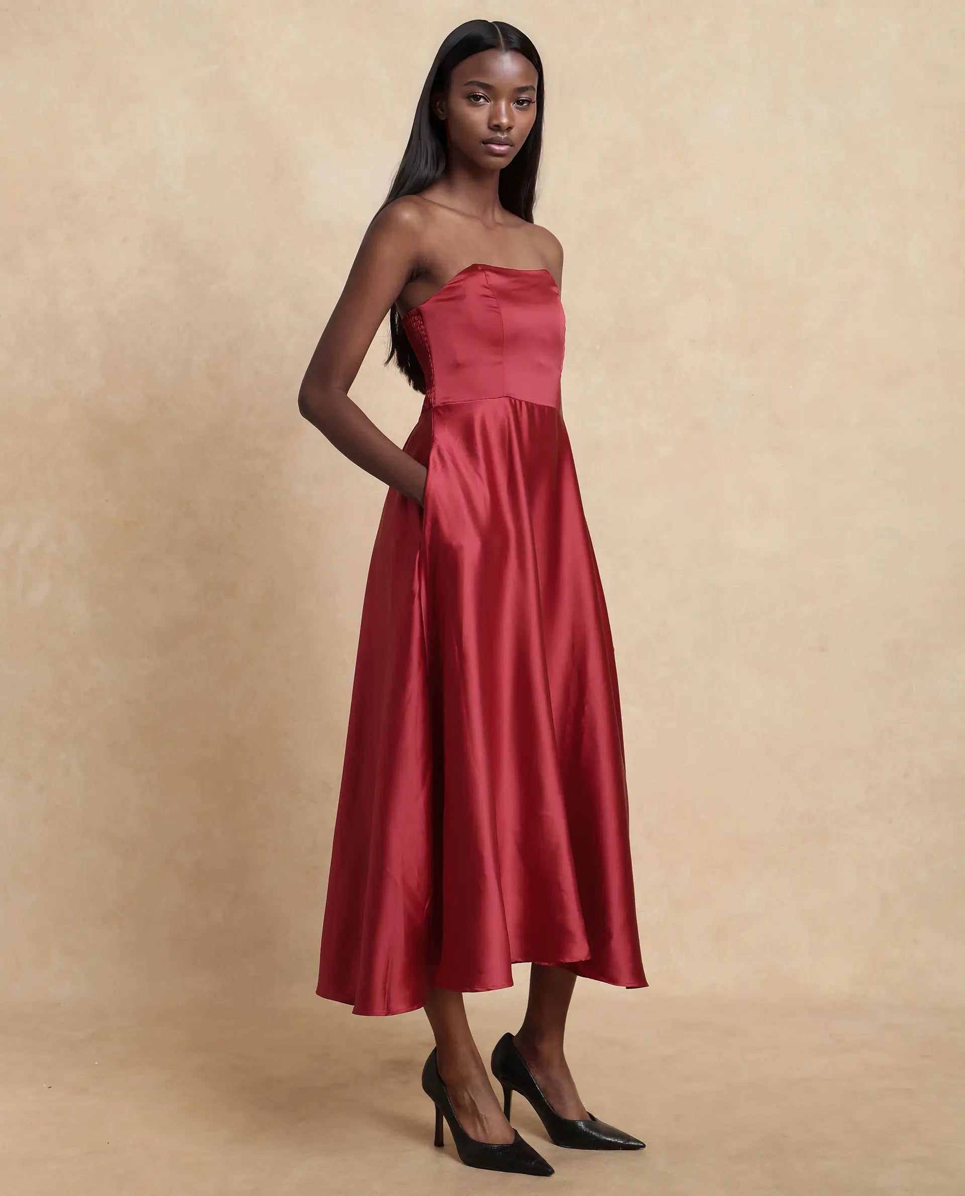 Rareism Women Somfar Red Polyester Fabric Sleeveless Sweet Heart Collar Flared Midi Plain Dress