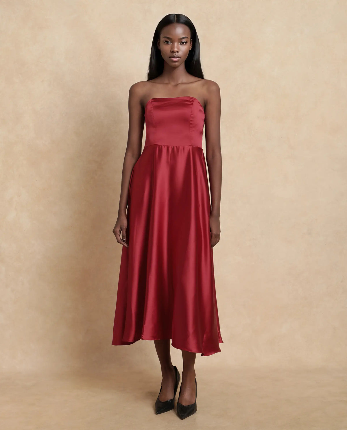 Rareism Women Somfar Red Polyester Fabric Sleeveless Sweet Heart Collar Flared Midi Plain Dress