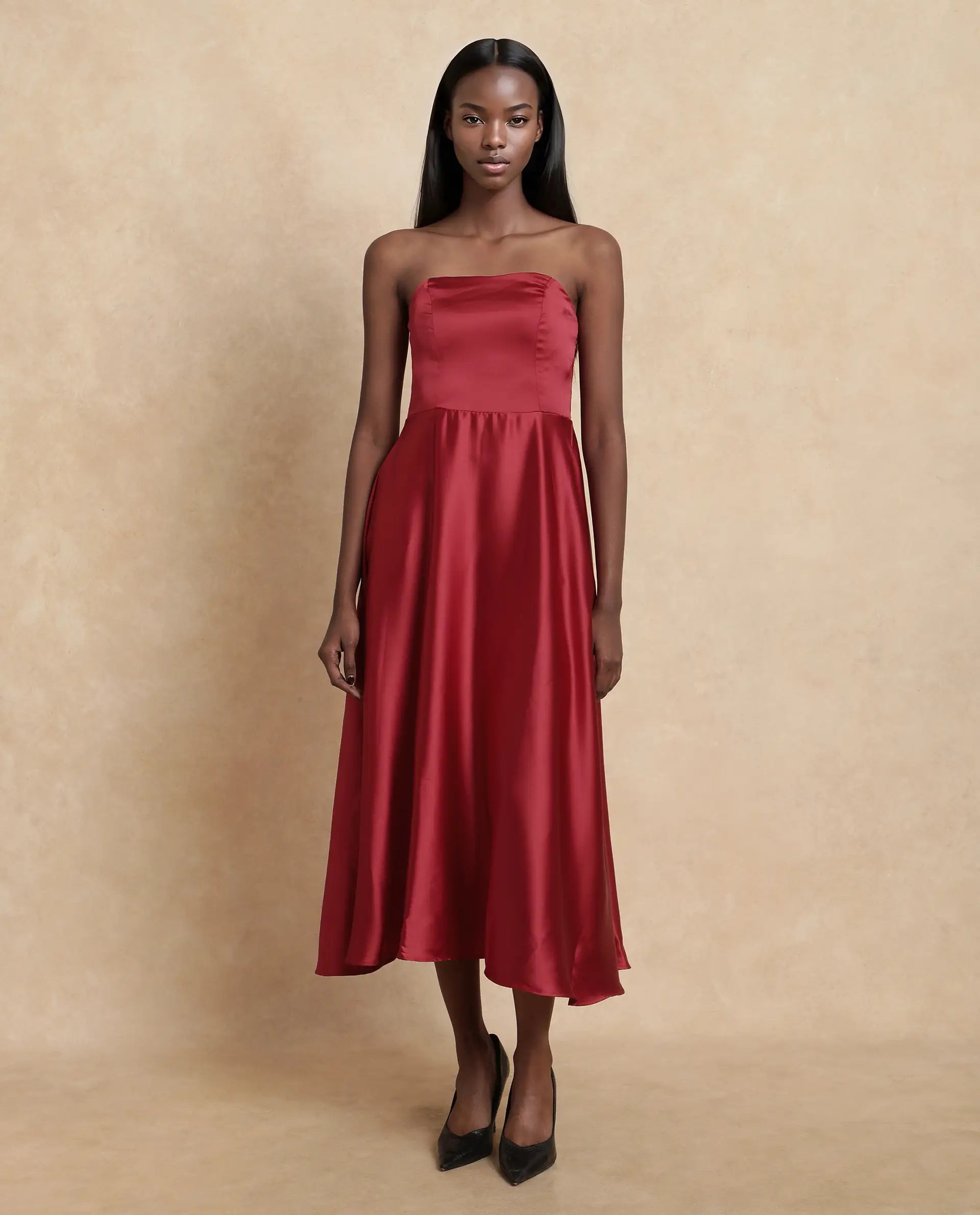 Rareism Women Somfar Red Polyester Fabric Sleeveless Sweet Heart Collar Flared Midi Plain Dress