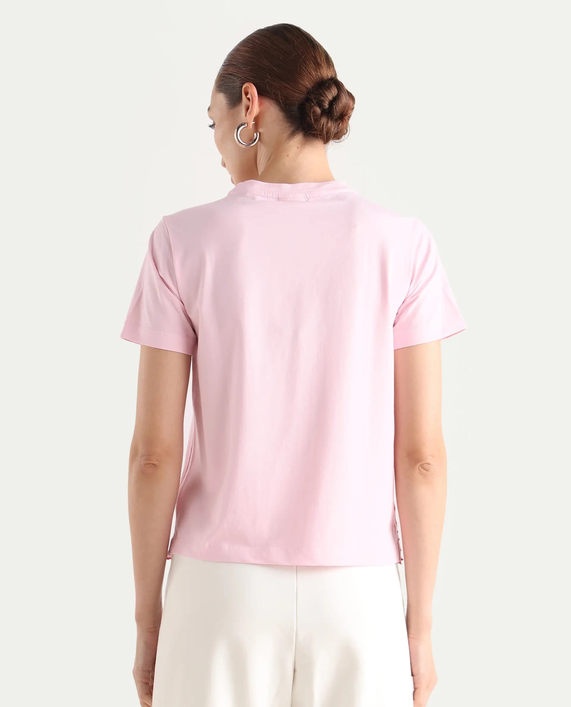 Rareism Women Somfix Light Pink Cotton-Blend Solid Regular Fit T-Shirt