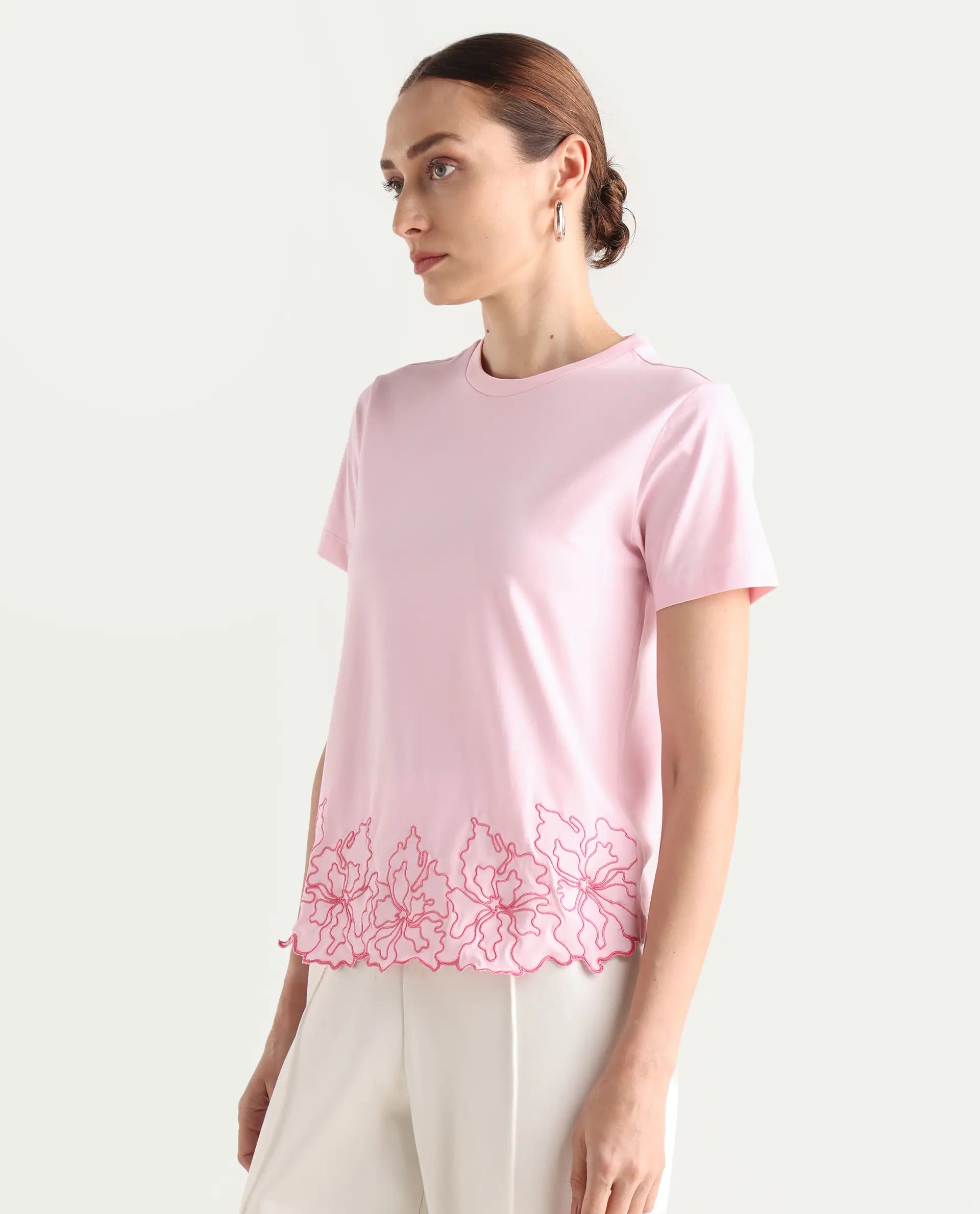 Rareism Women's Somfix Light Pink Cotton Blend Crew Neck Plain Regular Fit T-Shirt