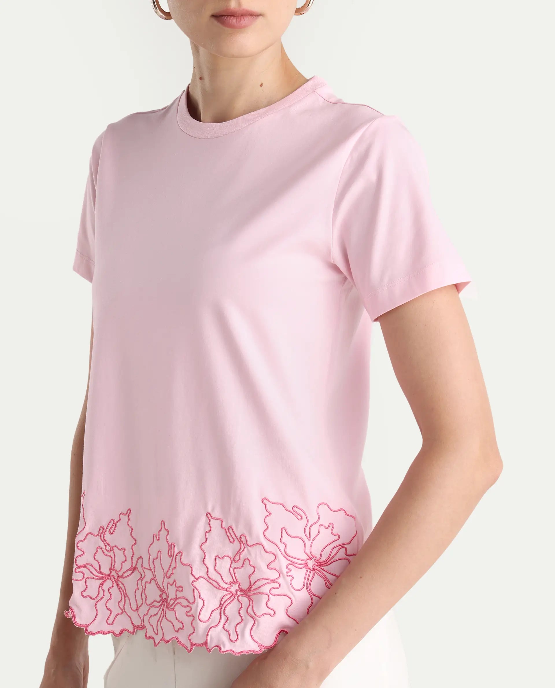 Rareism Women Somfix Light Pink Cotton-Blend Solid Regular Fit T-Shirt