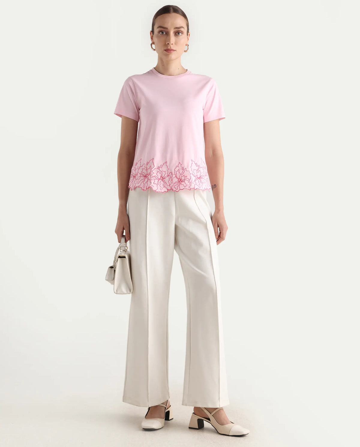 Rareism Women's Somfix Light Pink Cotton Blend Crew Neck Plain Regular Fit T-Shirt