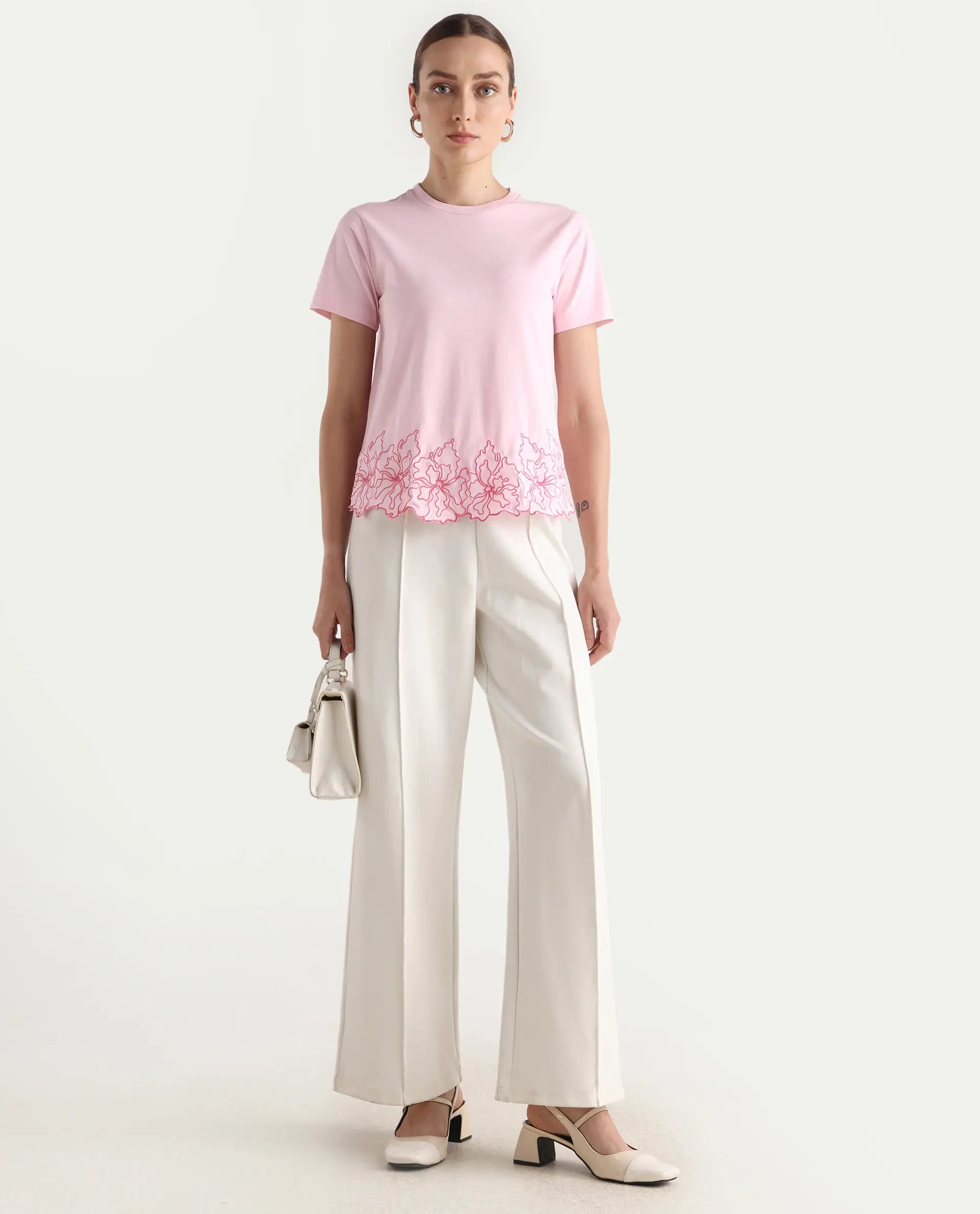 Rareism Women Somfix Light Pink Cotton-Blend Solid Regular Fit T-Shirt