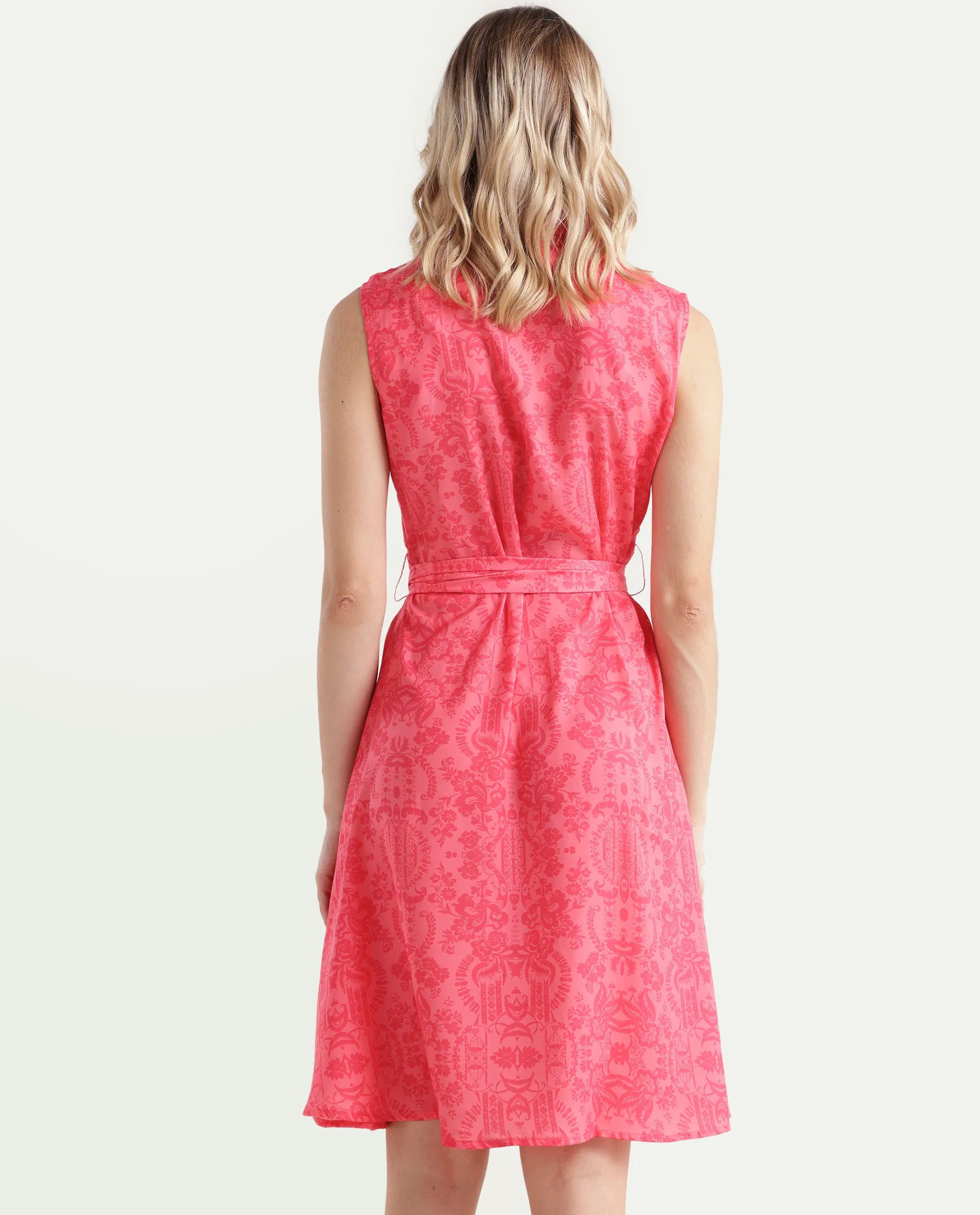 Rareism Women's Somfril Pink Polyester Spread Collar Abstract Print Sleeveless Knee Length A-Line Dress