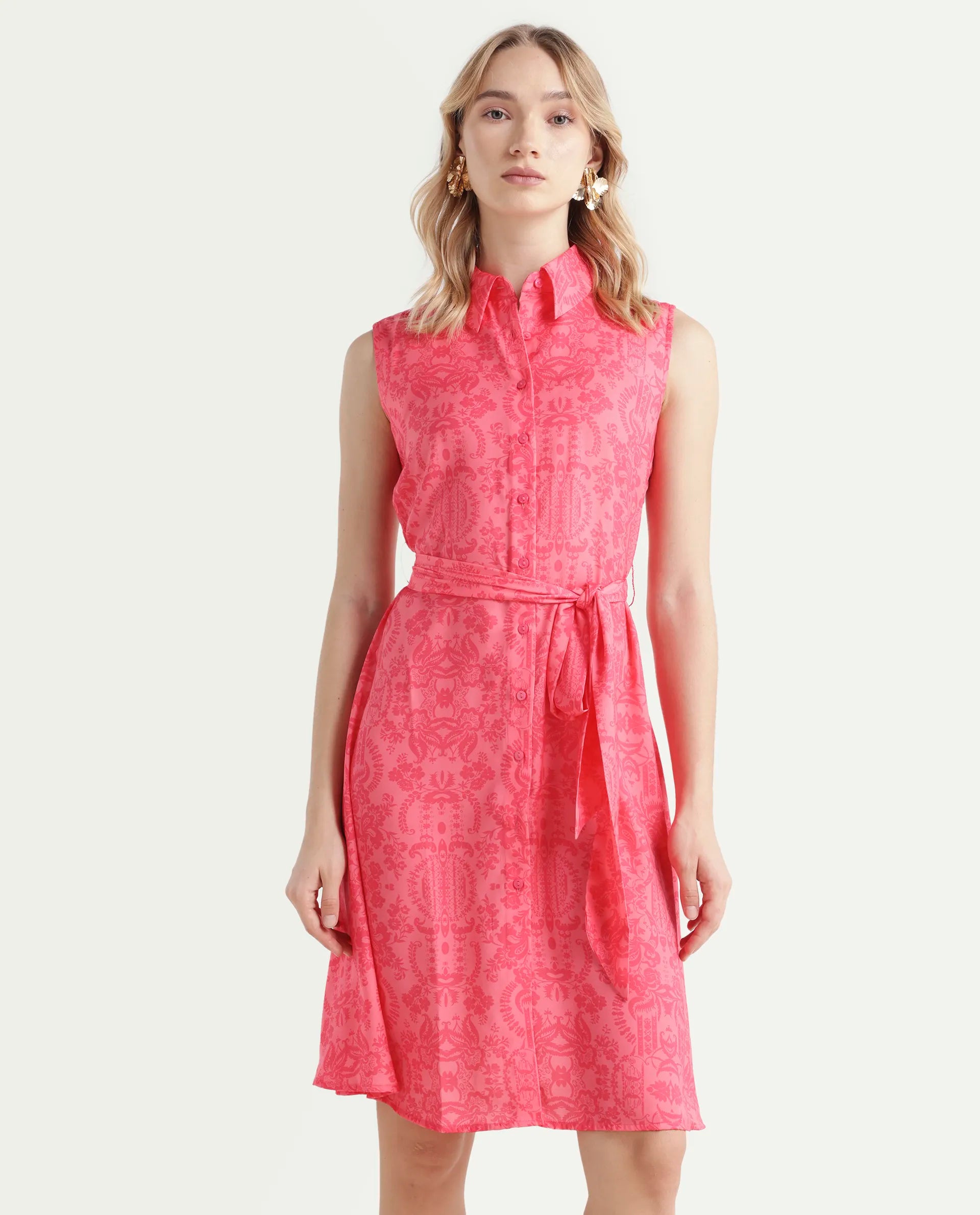 Rareism Women's Somfril Pink Polyester Spread Collar Abstract Print Sleeveless Knee Length A-Line Dress