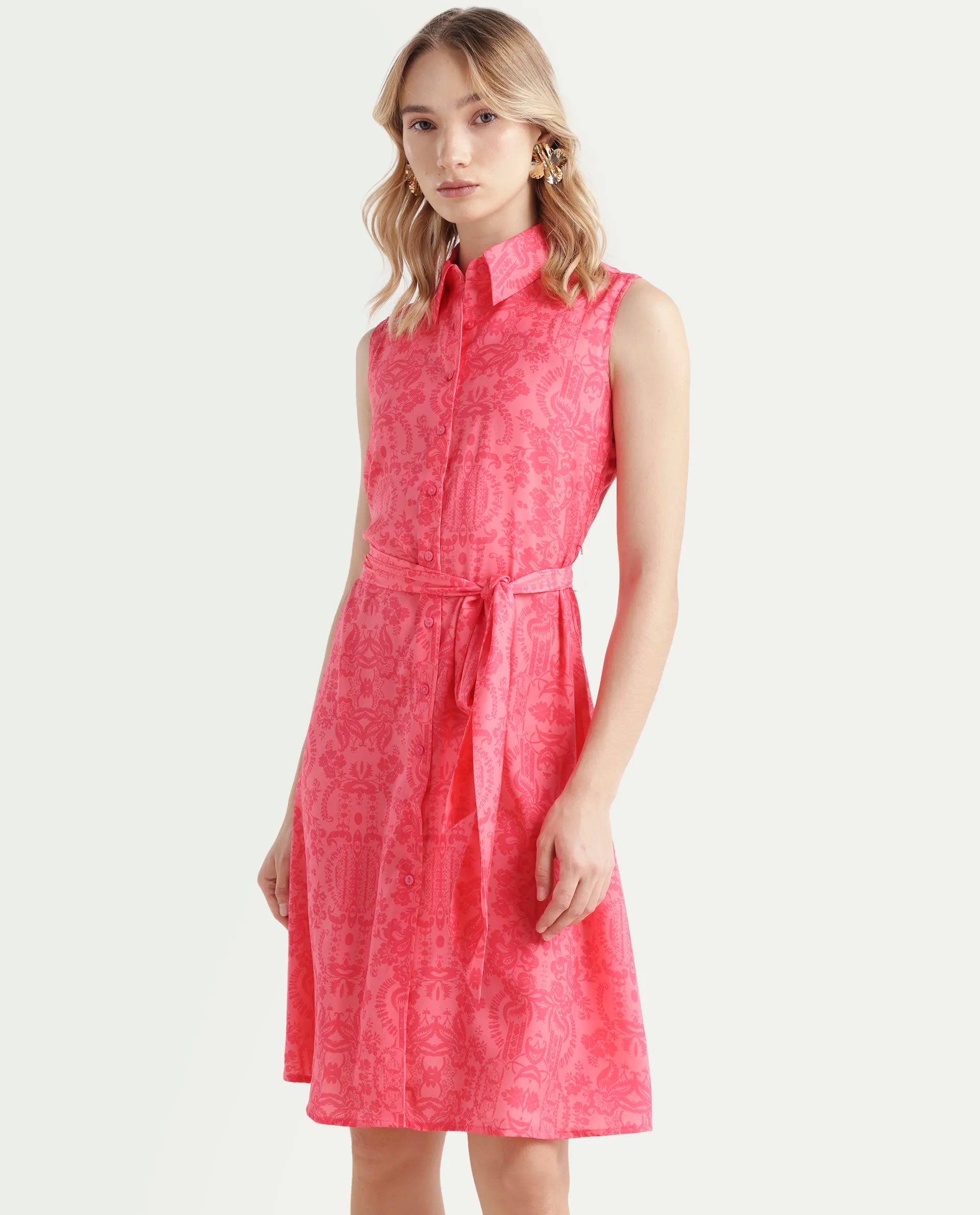 Rareism Women's Somfril Pink Polyester Spread Collar Abstract Print Sleeveless Knee Length A-Line Dress