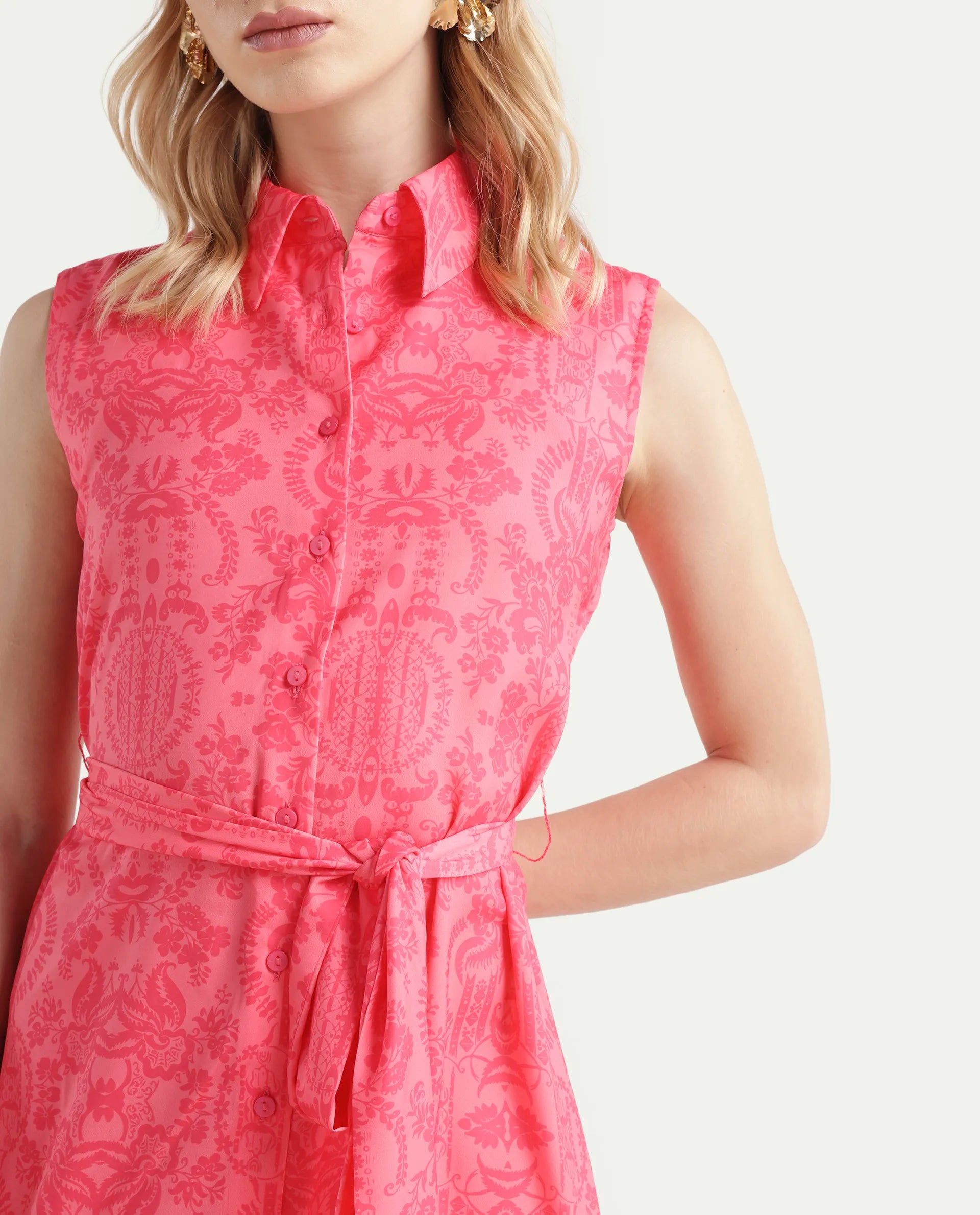 Rareism Women's Somfril Pink Polyester Spread Collar Abstract Print Sleeveless Knee Length A-Line Dress