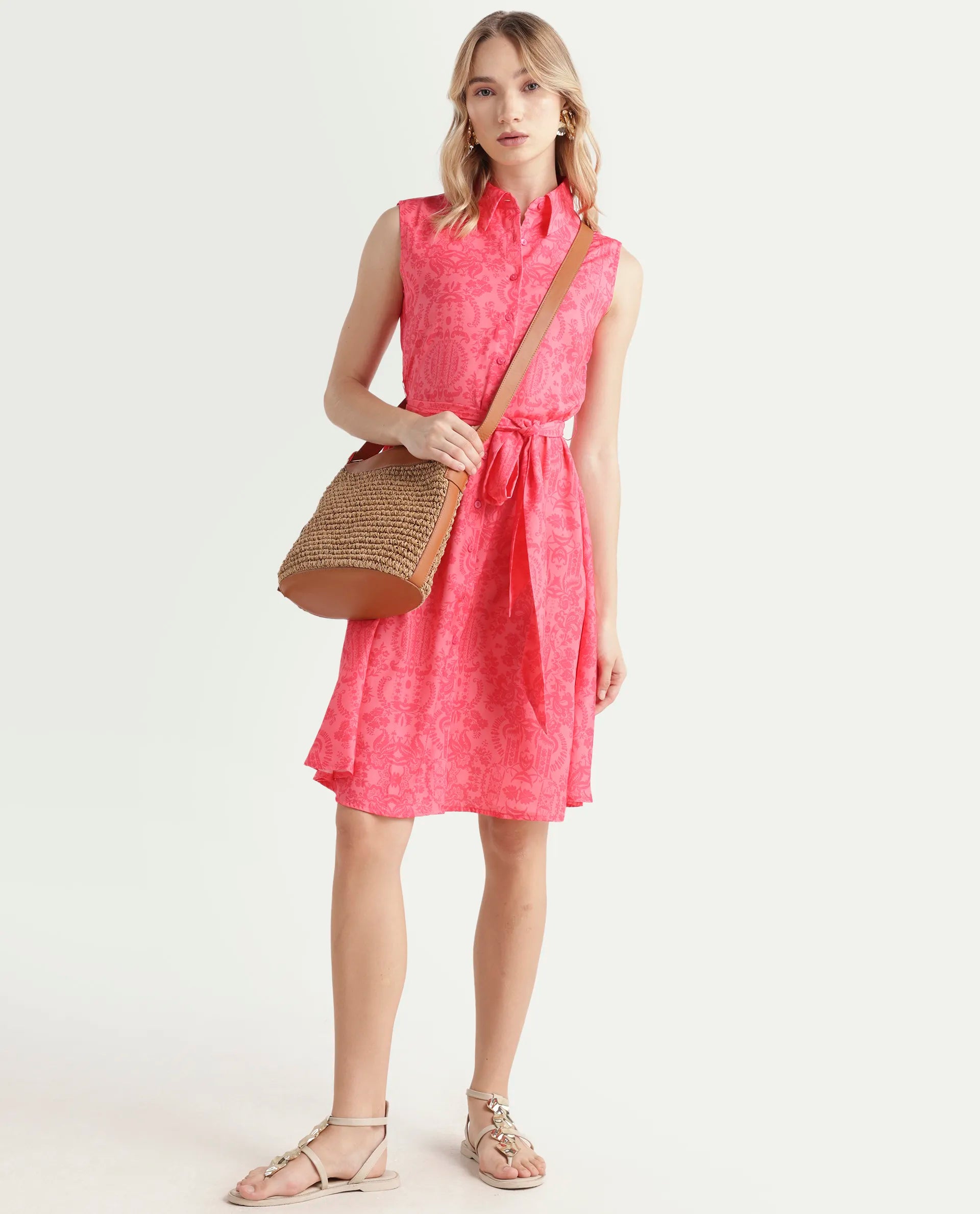 Rareism Women's Somfril Pink Polyester Spread Collar Abstract Print Sleeveless Knee Length A-Line Dress