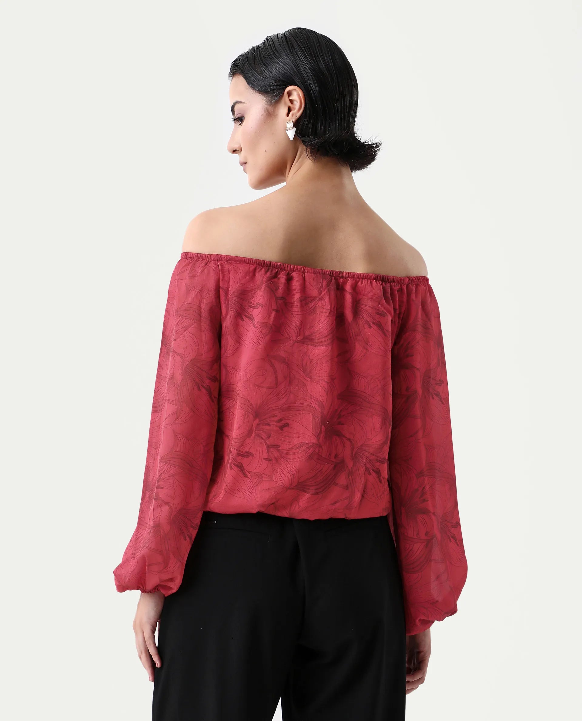 Rareism Women's Somgam Dark Red Polyester Off Shoulder Floral Print Bishop Sleeve Regular Fit Top