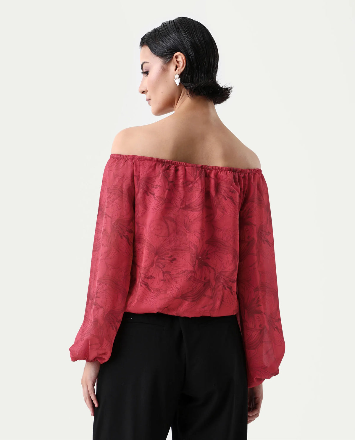 Rareism Women's Somgam Dark Red Polyester Off Shoulder Floral Print Bishop Sleeve Regular Fit Top