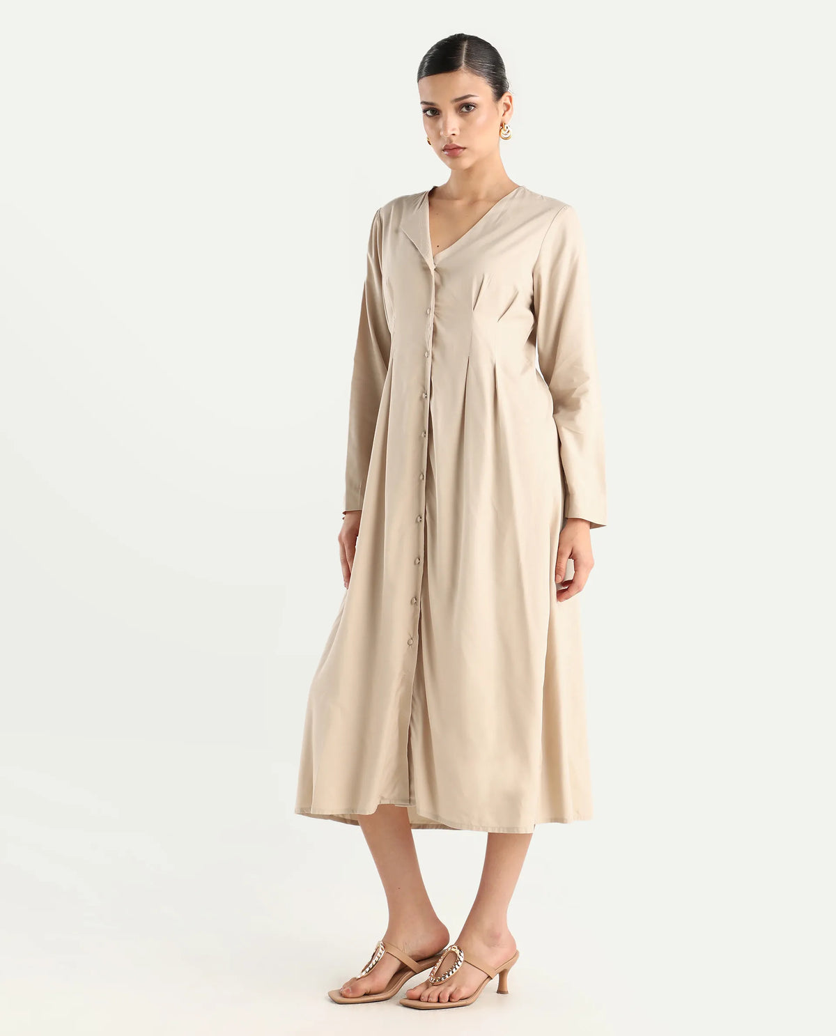 Rareism Women's Somgrip Beige Viscose V-Neck Plain Midi A-Line Dress