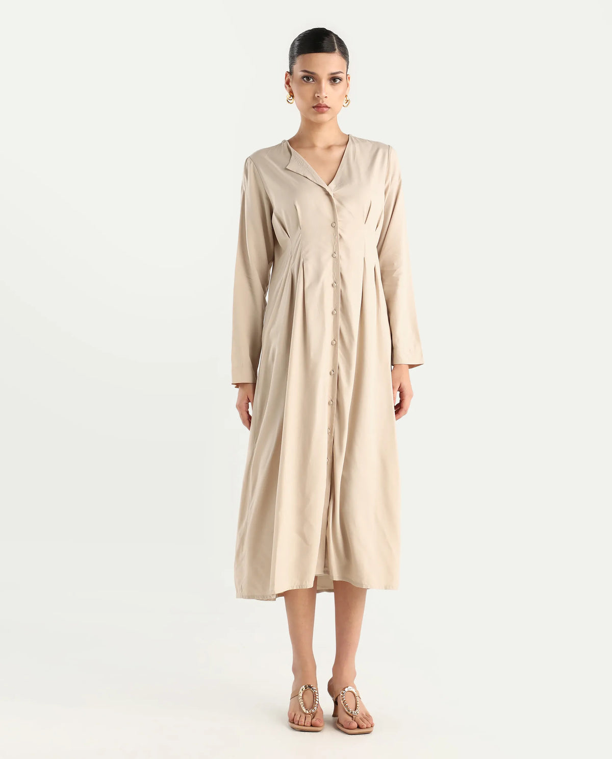 Rareism Women's Somgrip Beige Viscose V-Neck Plain Midi A-Line Dress