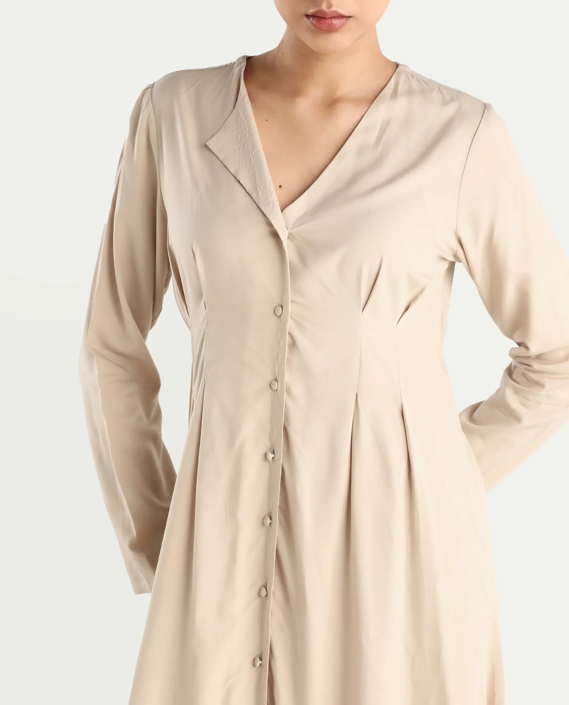 Rareism Women's Somgrip Beige Viscose V-Neck Plain Midi A-Line Dress