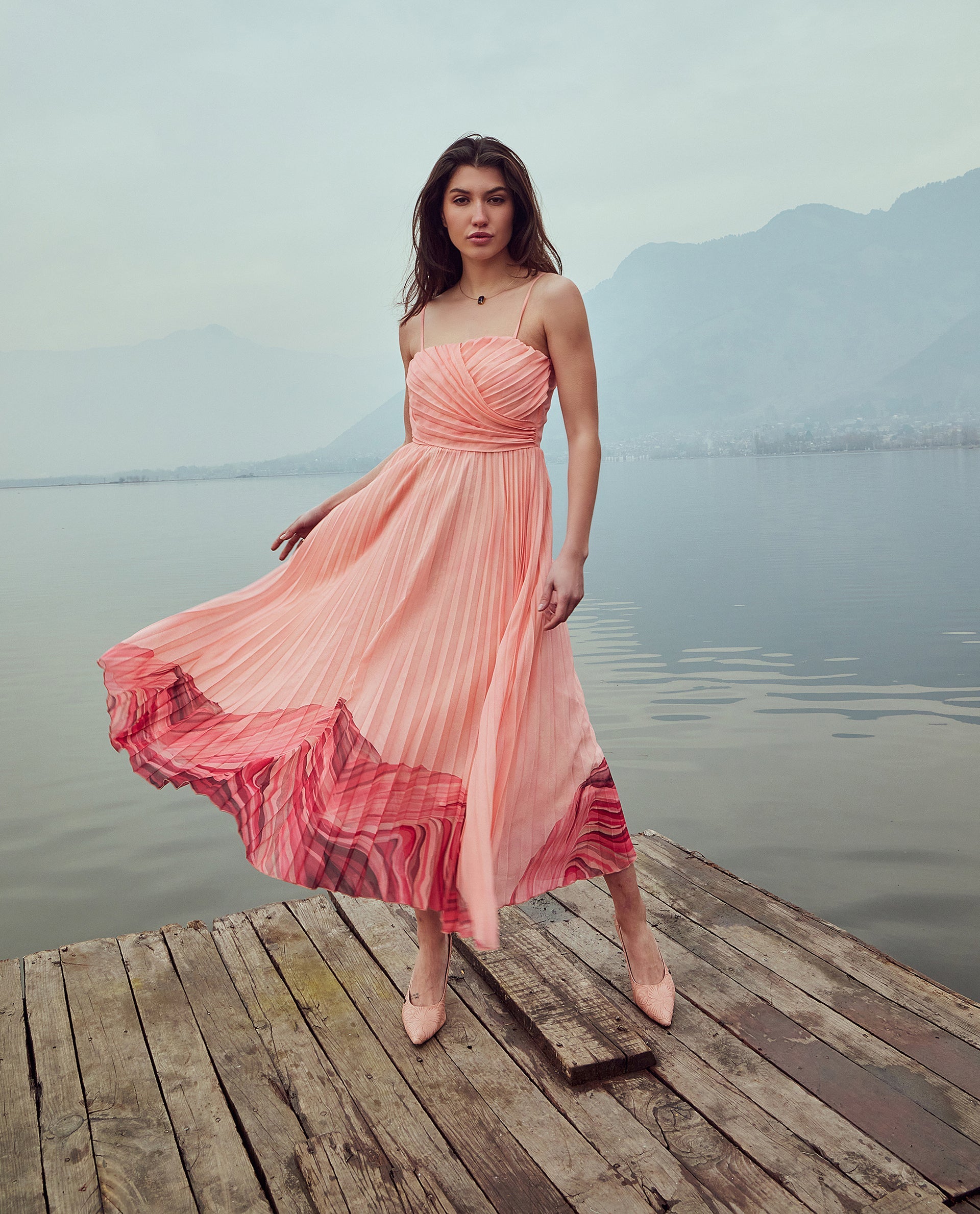 Rareism Women Somhey Pink Polyester Fabric Shoulder Straps Zipper Closure Fit And Flare Midi Plain Dress