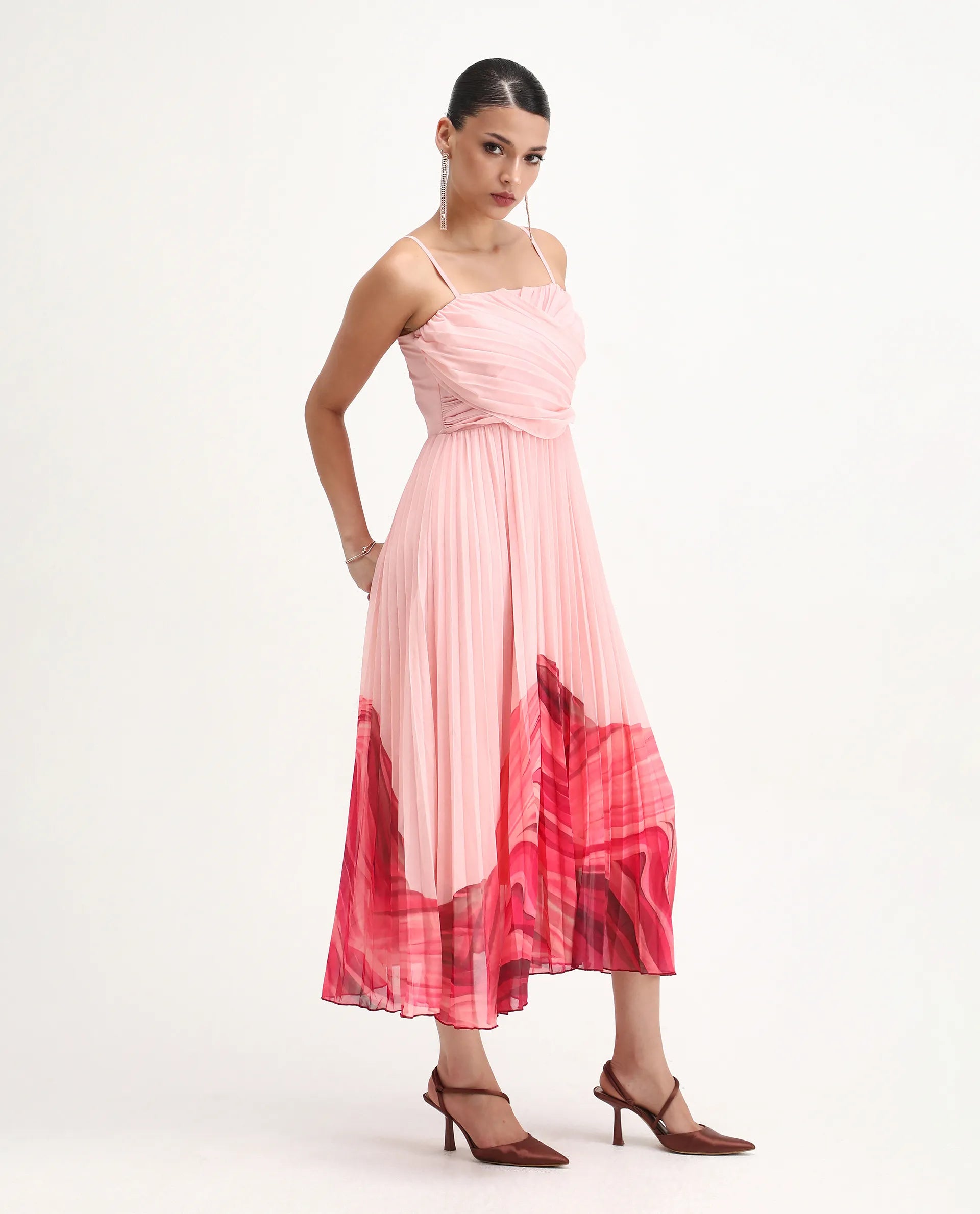 Rareism Women's Somhey Pink Polyester Shoulder Strap Plain Shoulder Strap Midi Fit And Flare Dress