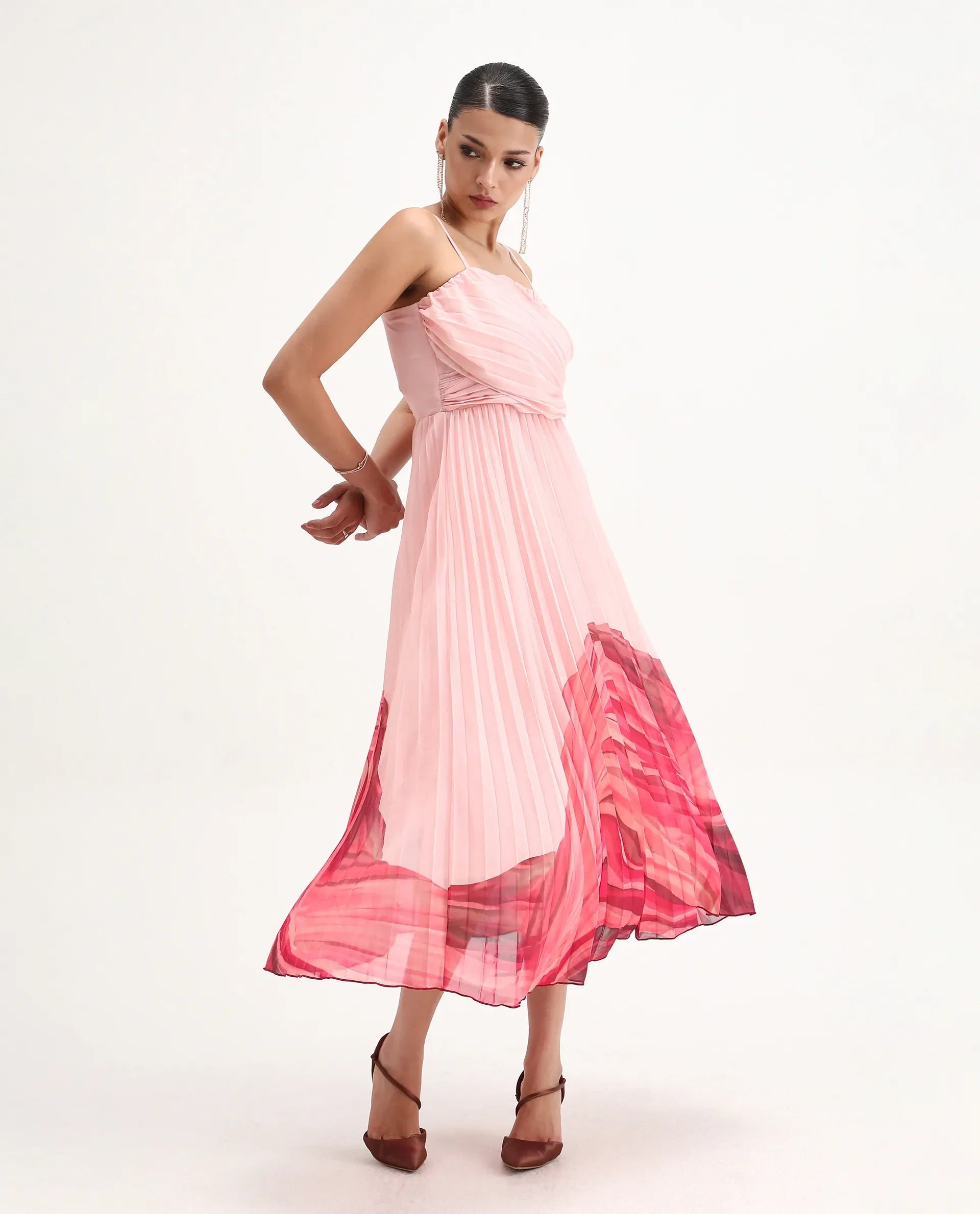 Rareism Women's Somhey Pink Polyester Shoulder Strap Plain Shoulder Strap Midi Fit And Flare Dress