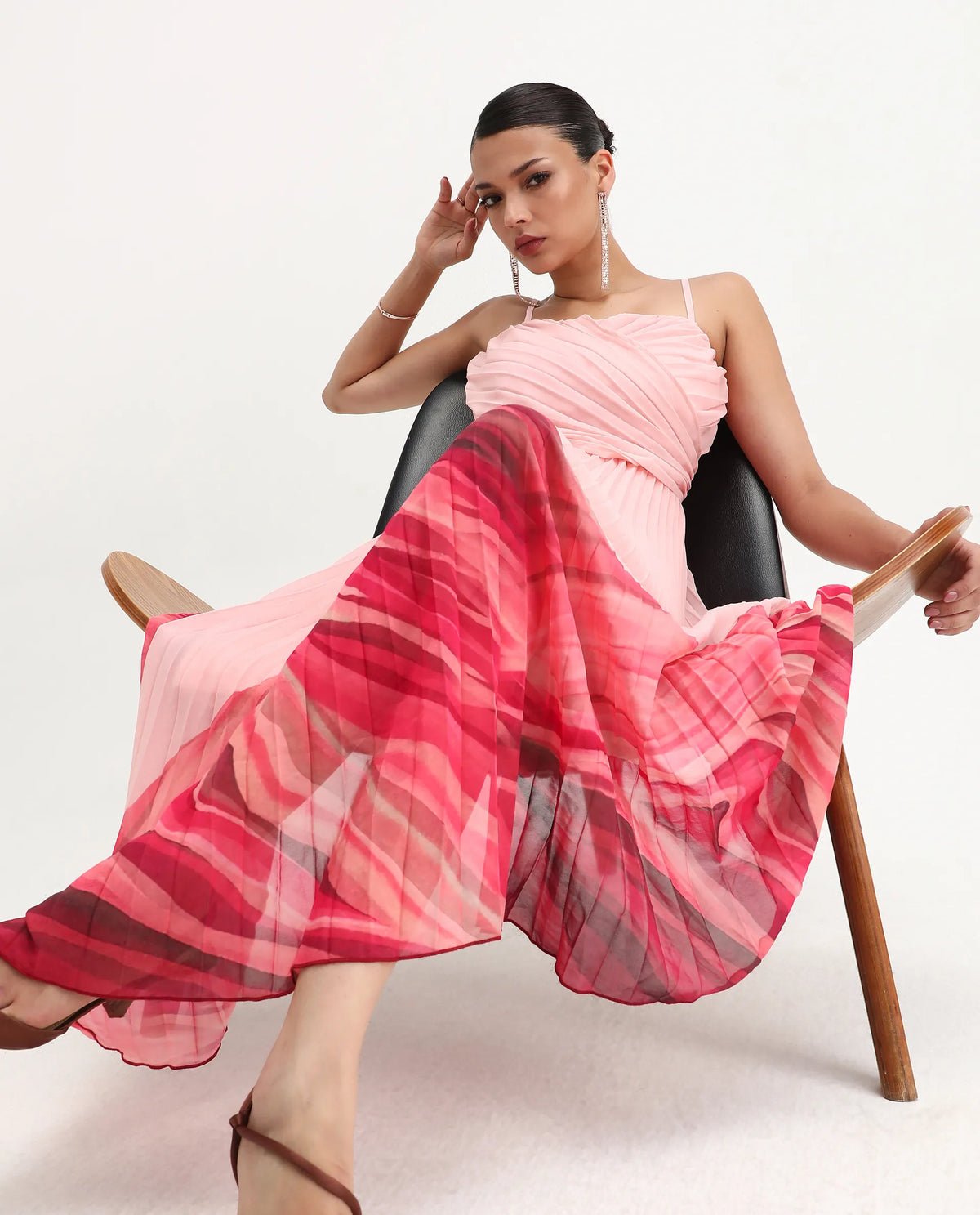 Rareism Women's Somhey Pink Polyester Shoulder Strap Plain Shoulder Strap Midi Fit And Flare Dress