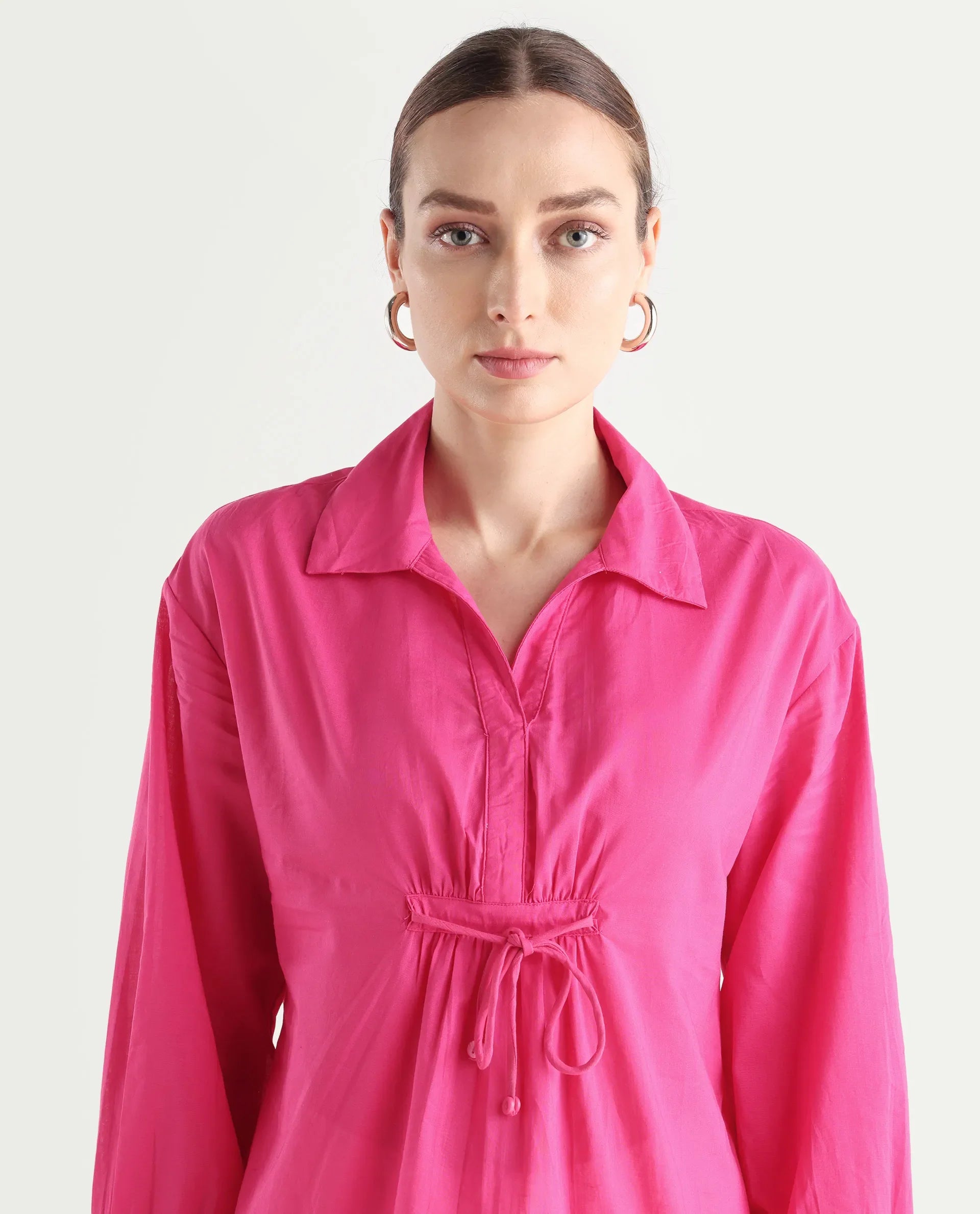 Rareism Women's Somhur T Pink Cotton Spread Collar Plain Bishop Sleeve Relaxed Fit Top