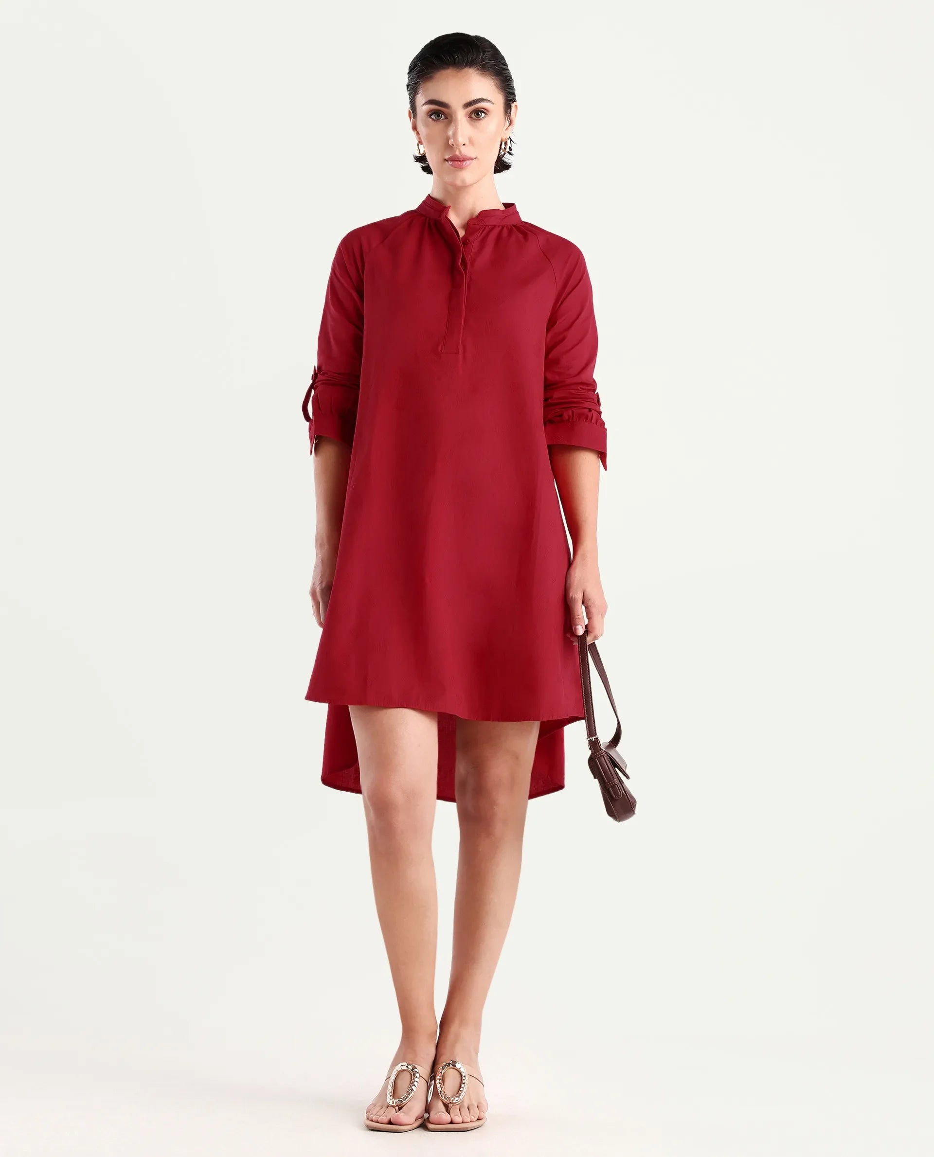 Rareism Women's Somigi Red Cotton Band Collar Plain Raglan Sleeve Mini A-Line Dress