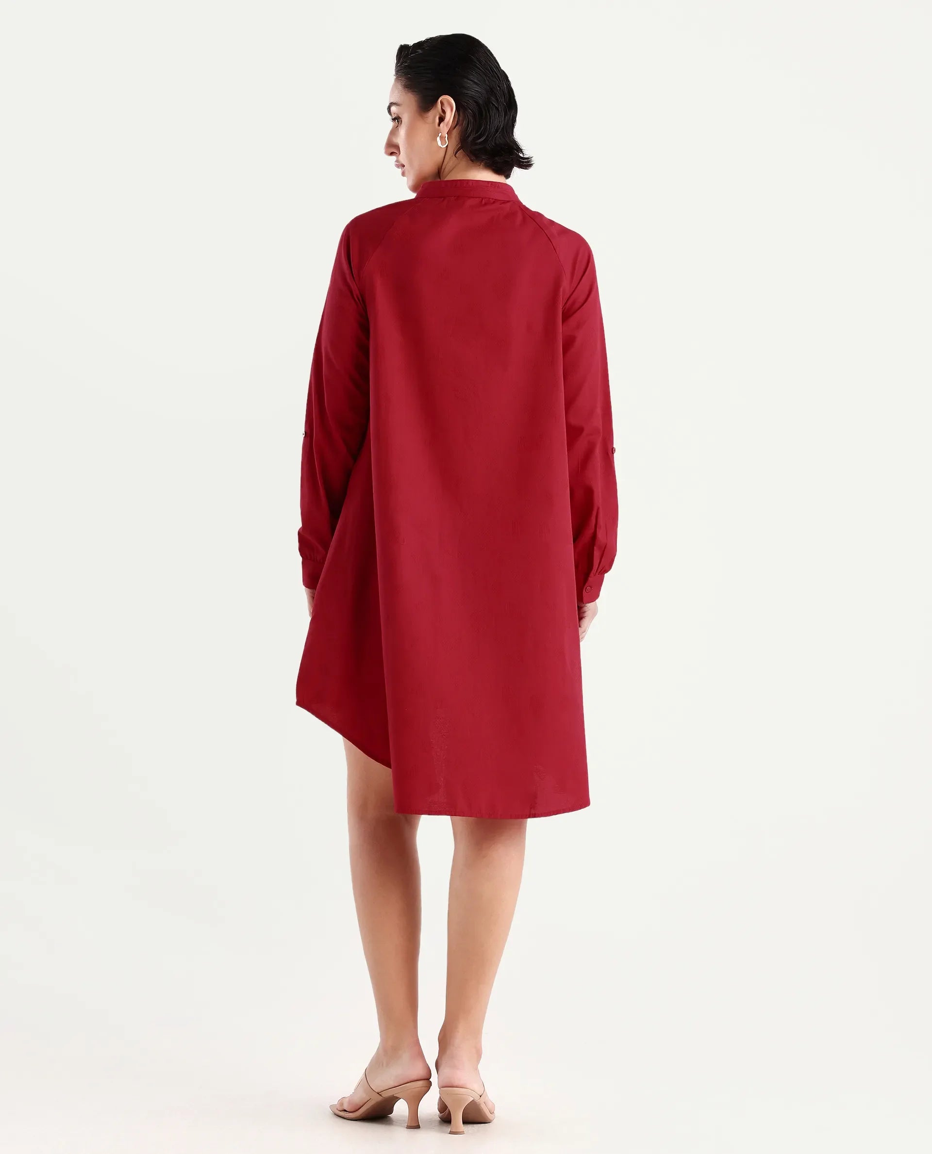 Rareism Women's Somigi Red Cotton Band Collar Plain Raglan Sleeve Mini A-Line Dress