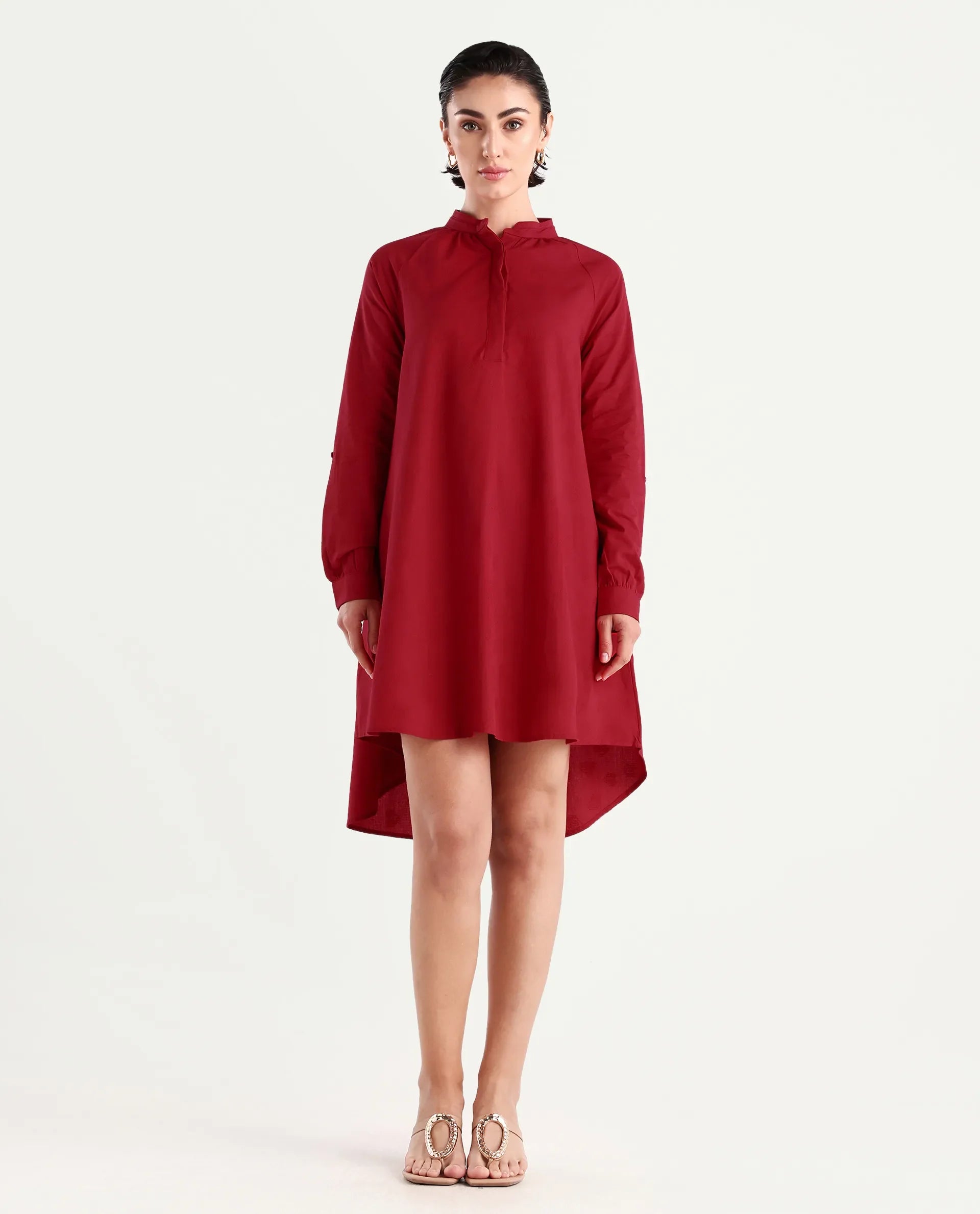 Rareism Women's Somigi Red Cotton Band Collar Plain Raglan Sleeve Mini A-Line Dress