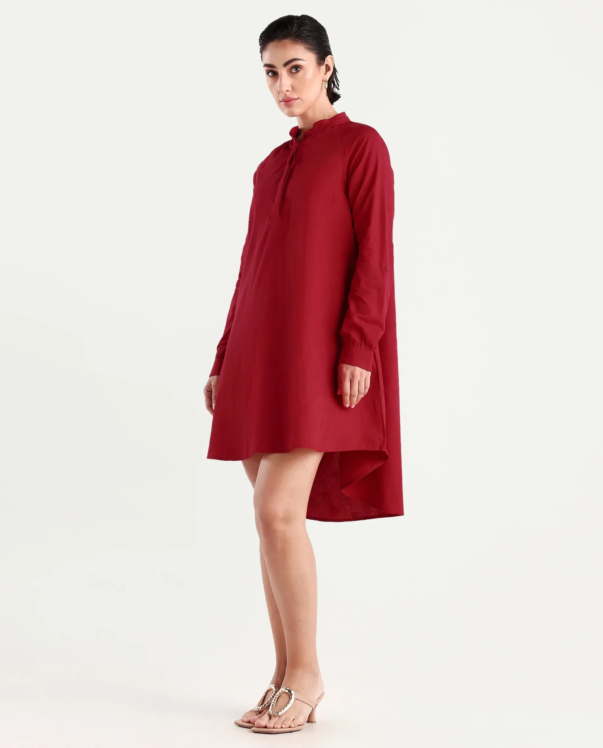 Rareism Women's Somigi Red Cotton Band Collar Plain Raglan Sleeve Mini A-Line Dress
