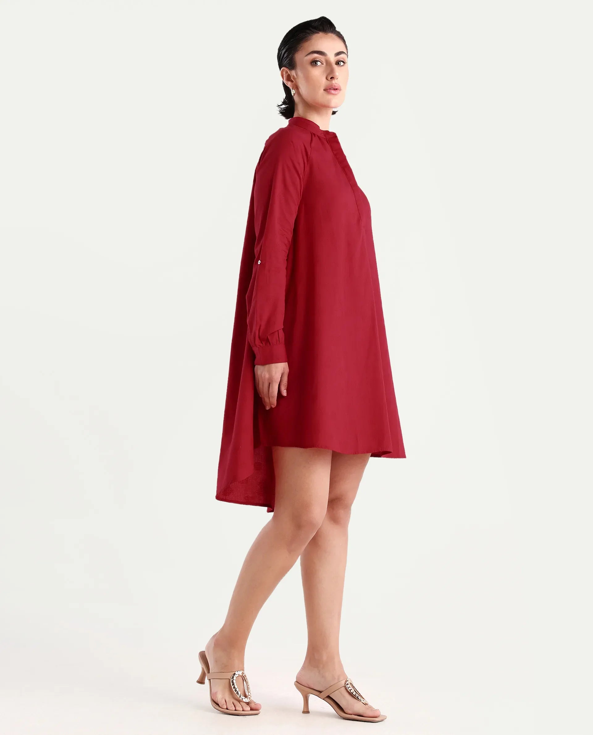Rareism Women's Somigi Red Cotton Band Collar Plain Raglan Sleeve Mini A-Line Dress