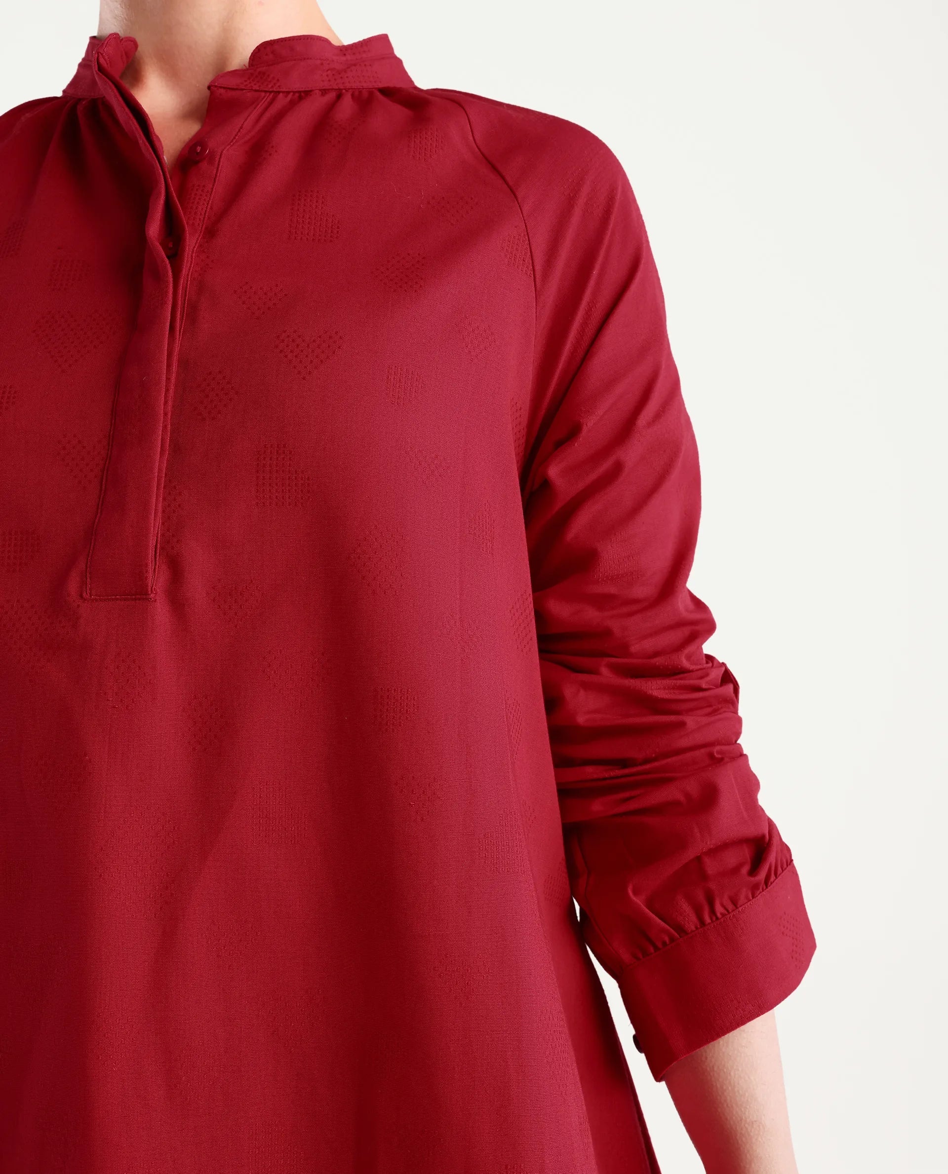 Rareism Women's Somigi Red Cotton Band Collar Plain Raglan Sleeve Mini A-Line Dress