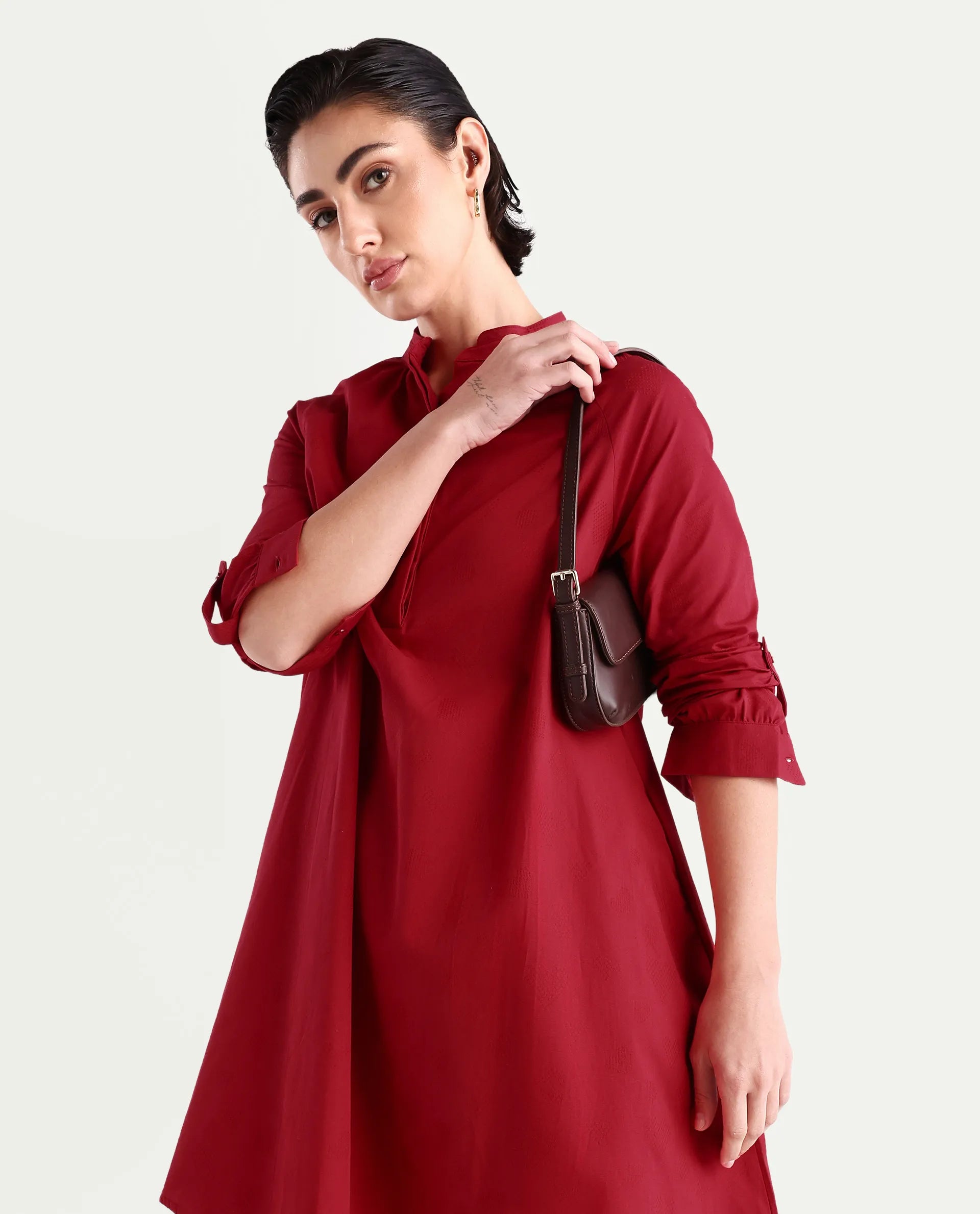 Rareism Women's Somigi Red Cotton Band Collar Plain Raglan Sleeve Mini A-Line Dress