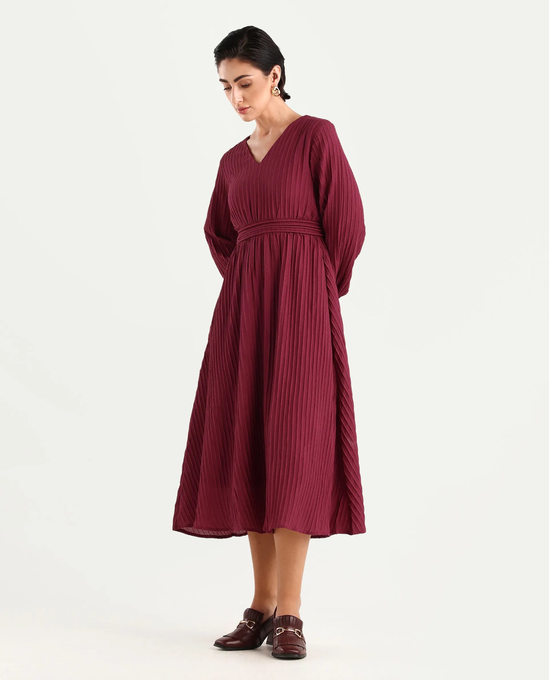 Rareism Women's Somiki Dark Red Polyester Blend V-Neck Plain Bishop Sleeve Midi Flared Dress
